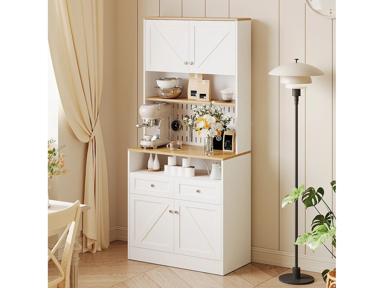 Modernes Küchenbuffet 80x40x175 cm - mit 2 Schubladen und 4 Türen - Weiß + Natur