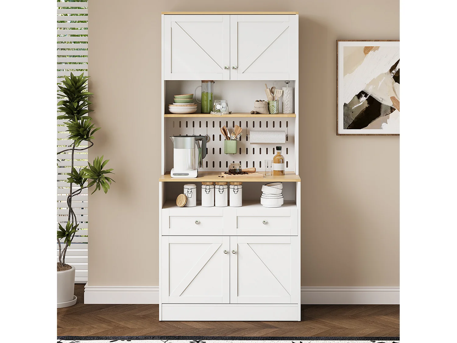 Modernes Küchenbuffet 80x40x175 cm - mit 2 Schubladen und 4 Türen - Weiß + Natur