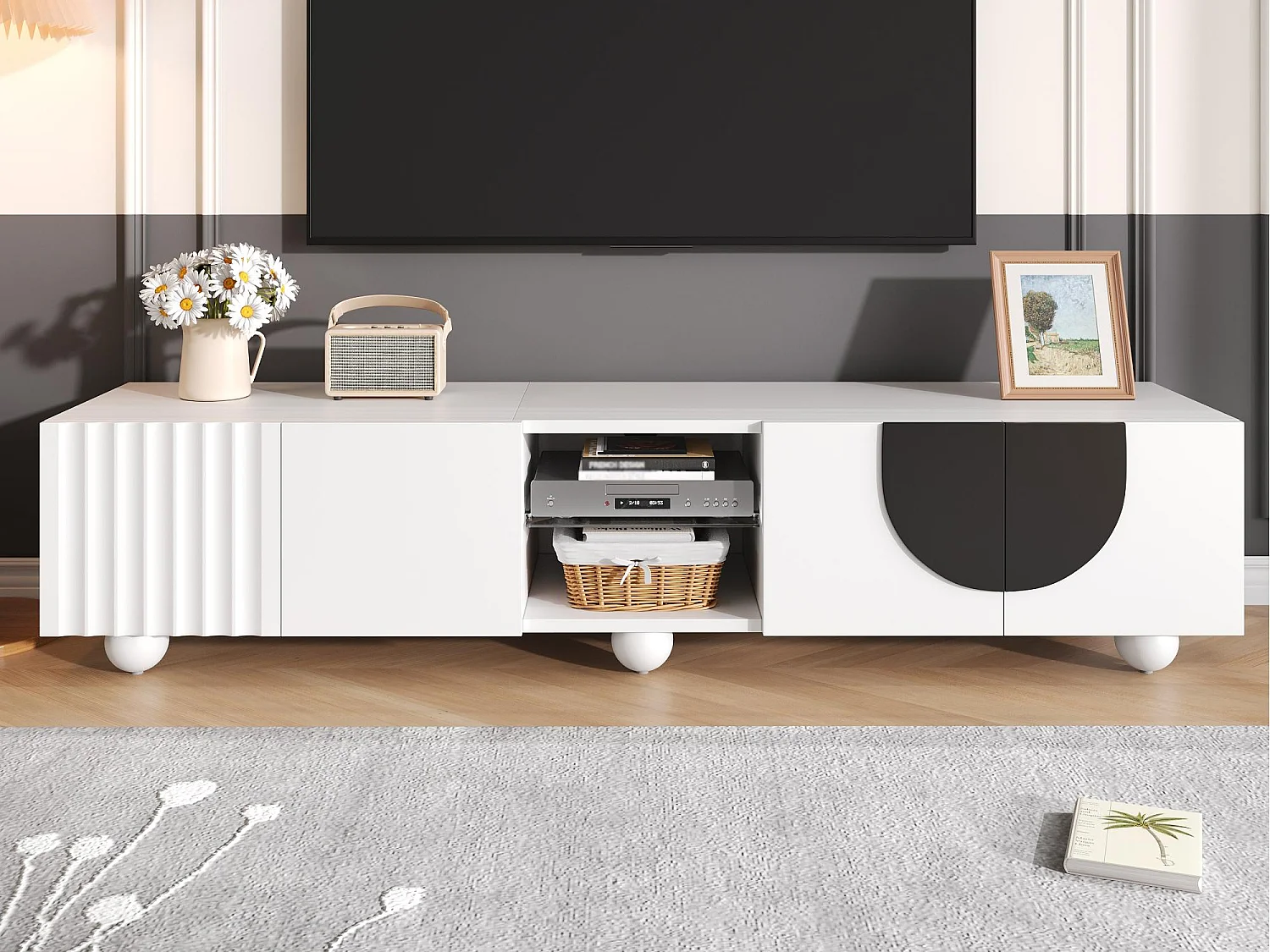 Nowoczesne meble TV 180x40x41,5 cm - 4 drzwi - Otwarte półki - Kuliste nogi - MDF + płyta wiórowa - Biały