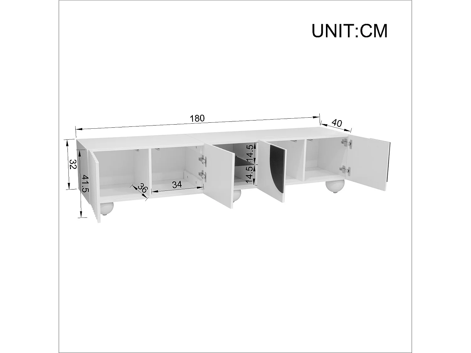 Nowoczesne meble TV 180x40x41,5 cm - 4 drzwi - Otwarte półki - Kuliste nogi - MDF + płyta wiórowa - Biały