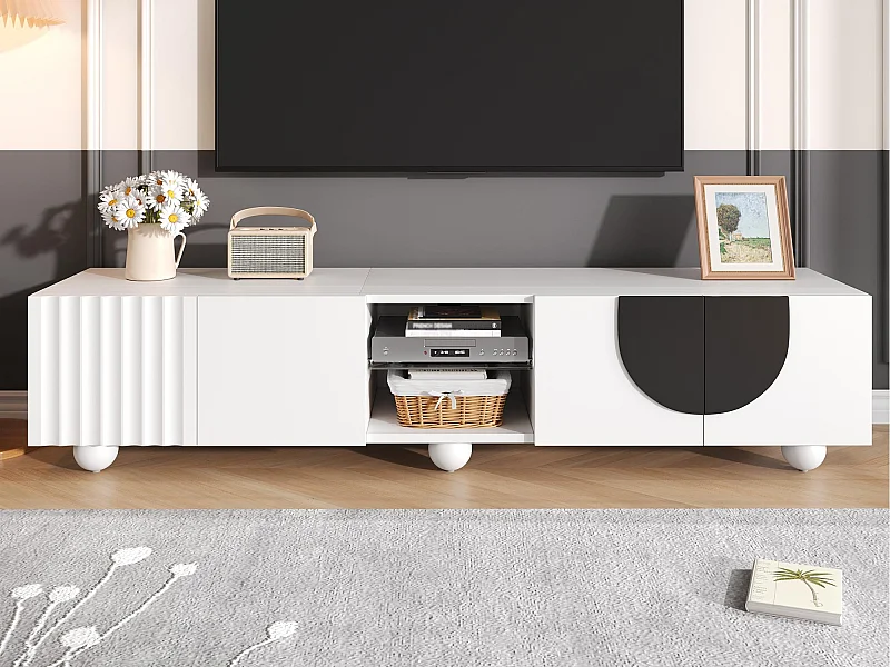 Nowoczesne meble TV 180x40x41,5 cm - 4 drzwi - Otwarte półki - Kuliste nogi - MDF + płyta wiórowa - Biały