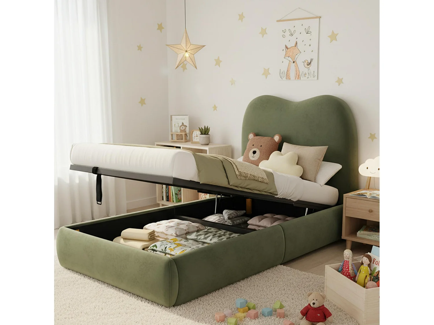 Kinderbed met opbergruimte 90x200 cm - met gestoffeerd hoofdeinde - Fluweel bekleding - Groen​ (matras niet inbegrepen)