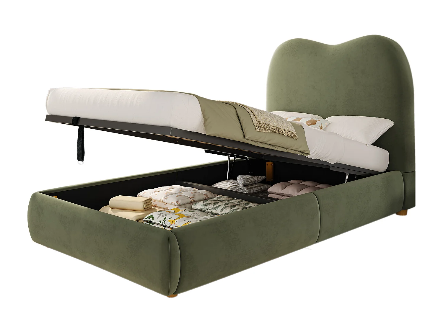 Kinderbed met opbergruimte 90x200 cm - met gestoffeerd hoofdeinde - Fluweel bekleding - Groen​ (matras niet inbegrepen)