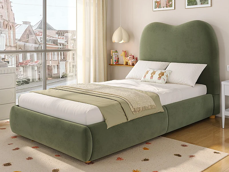 Lit enfant coffre 90x200 cm - avec tête de lit capitonnée - Revêtement en velours - Vert (matelas non inclus)