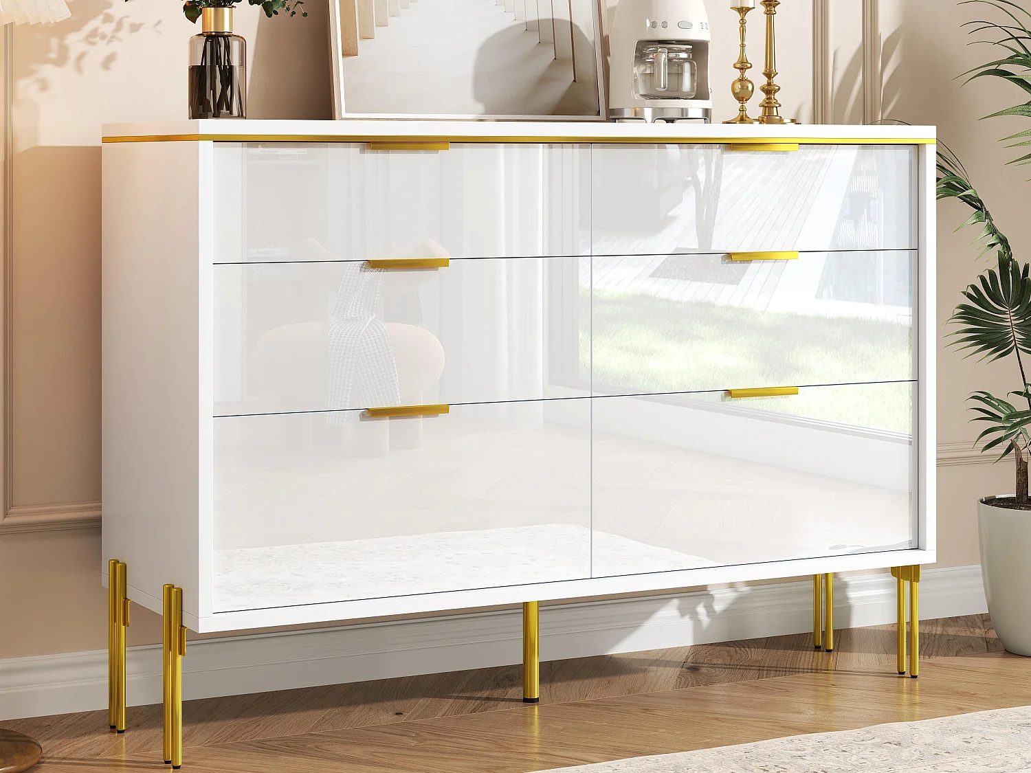 Buffet moderne 120x40x85,5 cm - avec 6 tiroirs - Blanc et doré