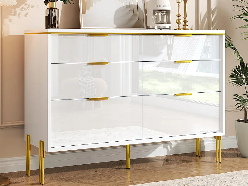 Modernes Buffet 120x40x85,5 cm - mit 6 Schubladen - Weiß und Gold