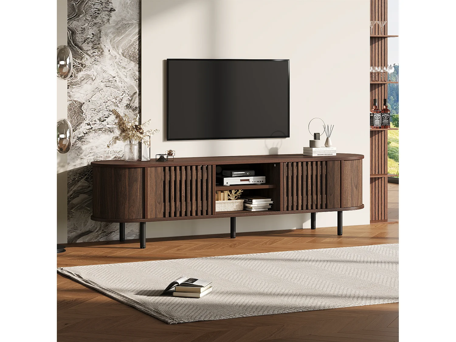 Meble TV 160x40x47 cm - z 2 drzwiami - Półotwarte przechowywanie - Wzór ażurowy - Nogi metalowe - MDF - Brązowy