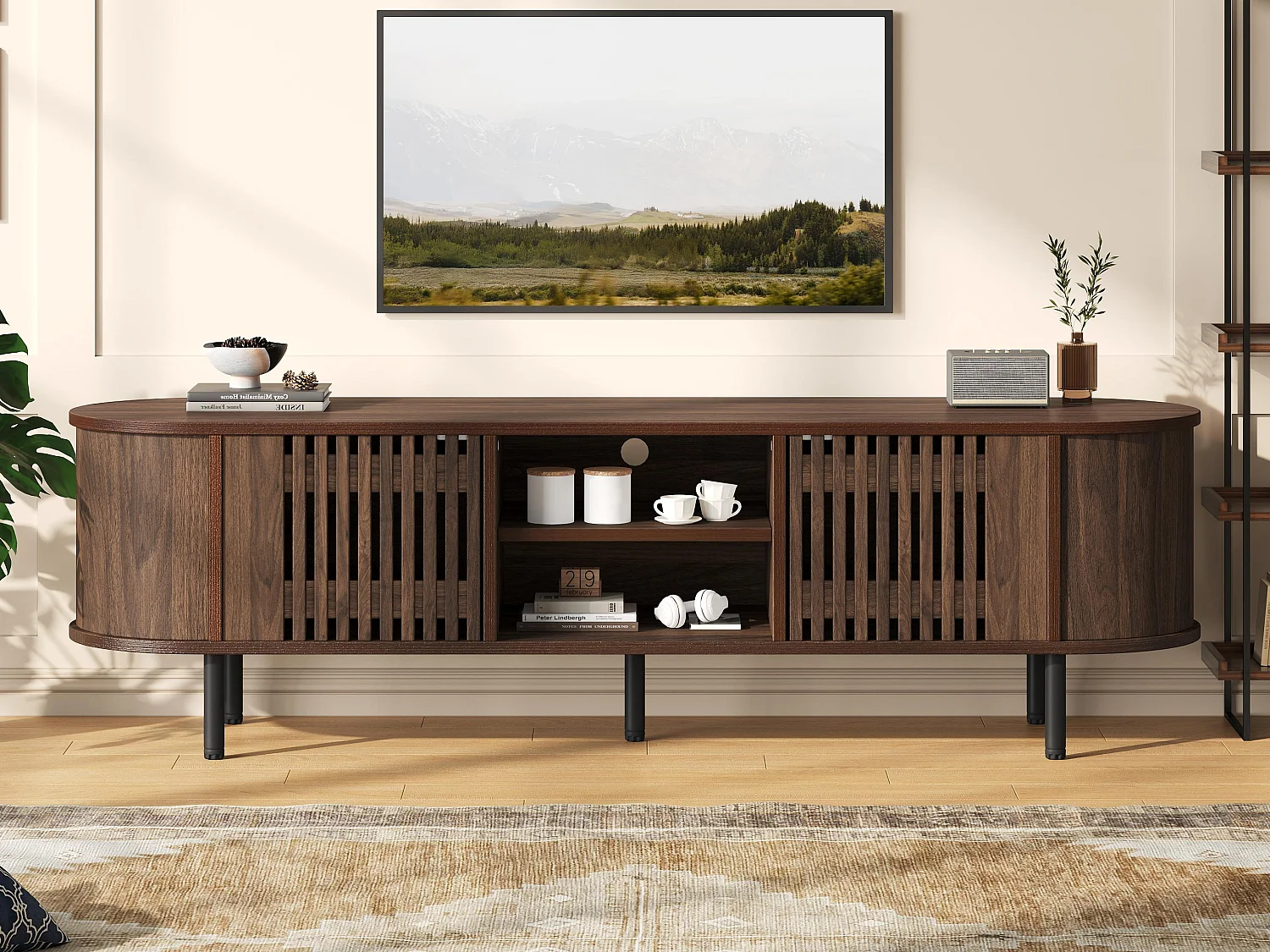 Meble TV 160x40x47 cm - z 2 drzwiami - Półotwarte przechowywanie - Wzór ażurowy - Nogi metalowe - MDF - Brązowy