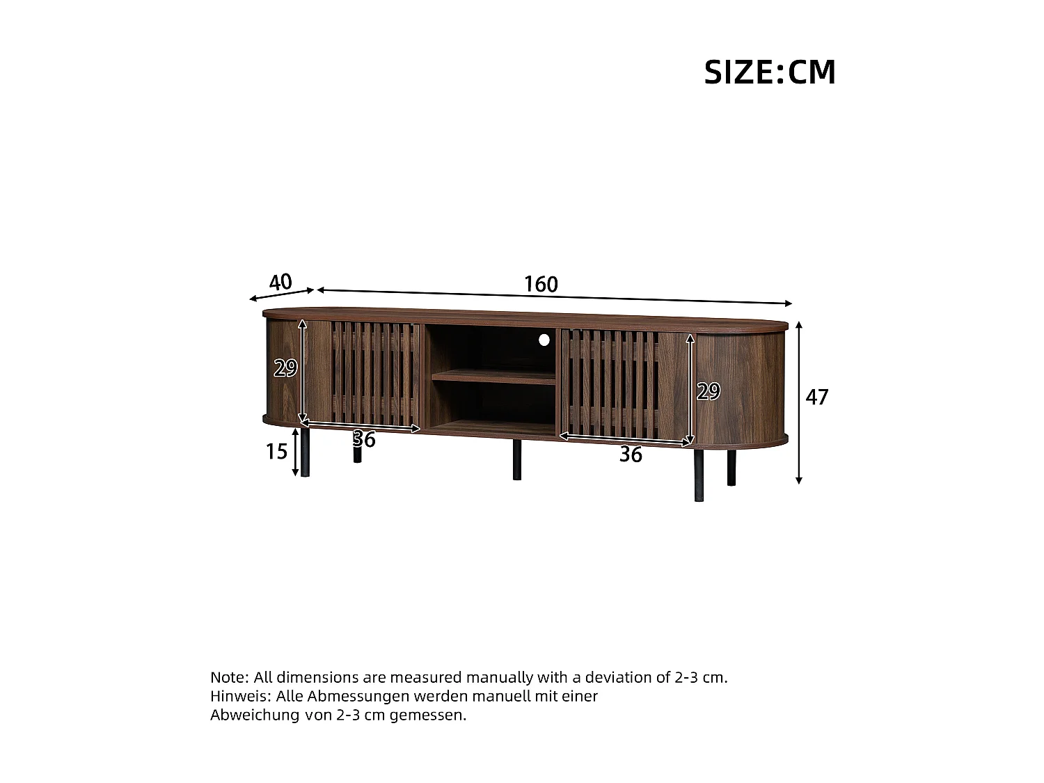 Meble TV 160x40x47 cm - z 2 drzwiami - Półotwarte przechowywanie - Wzór ażurowy - Nogi metalowe - MDF - Brązowy