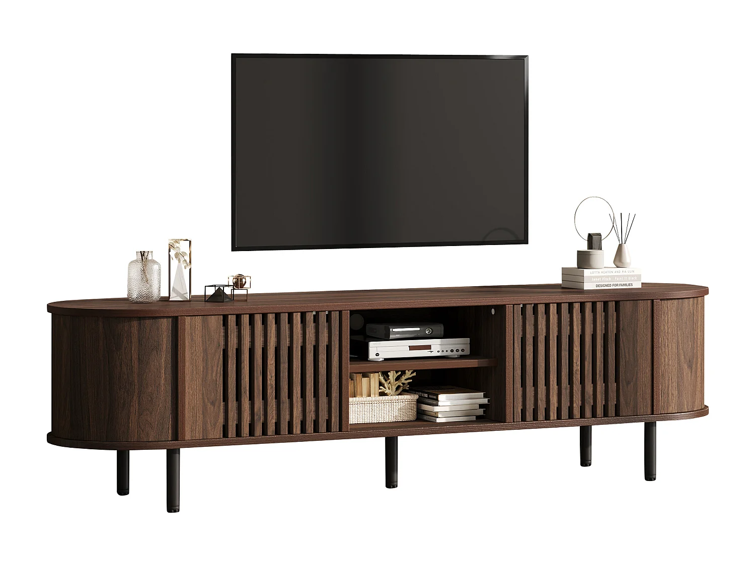 Meble TV 160x40x47 cm - z 2 drzwiami - Półotwarte przechowywanie - Wzór ażurowy - Nogi metalowe - MDF - Brązowy