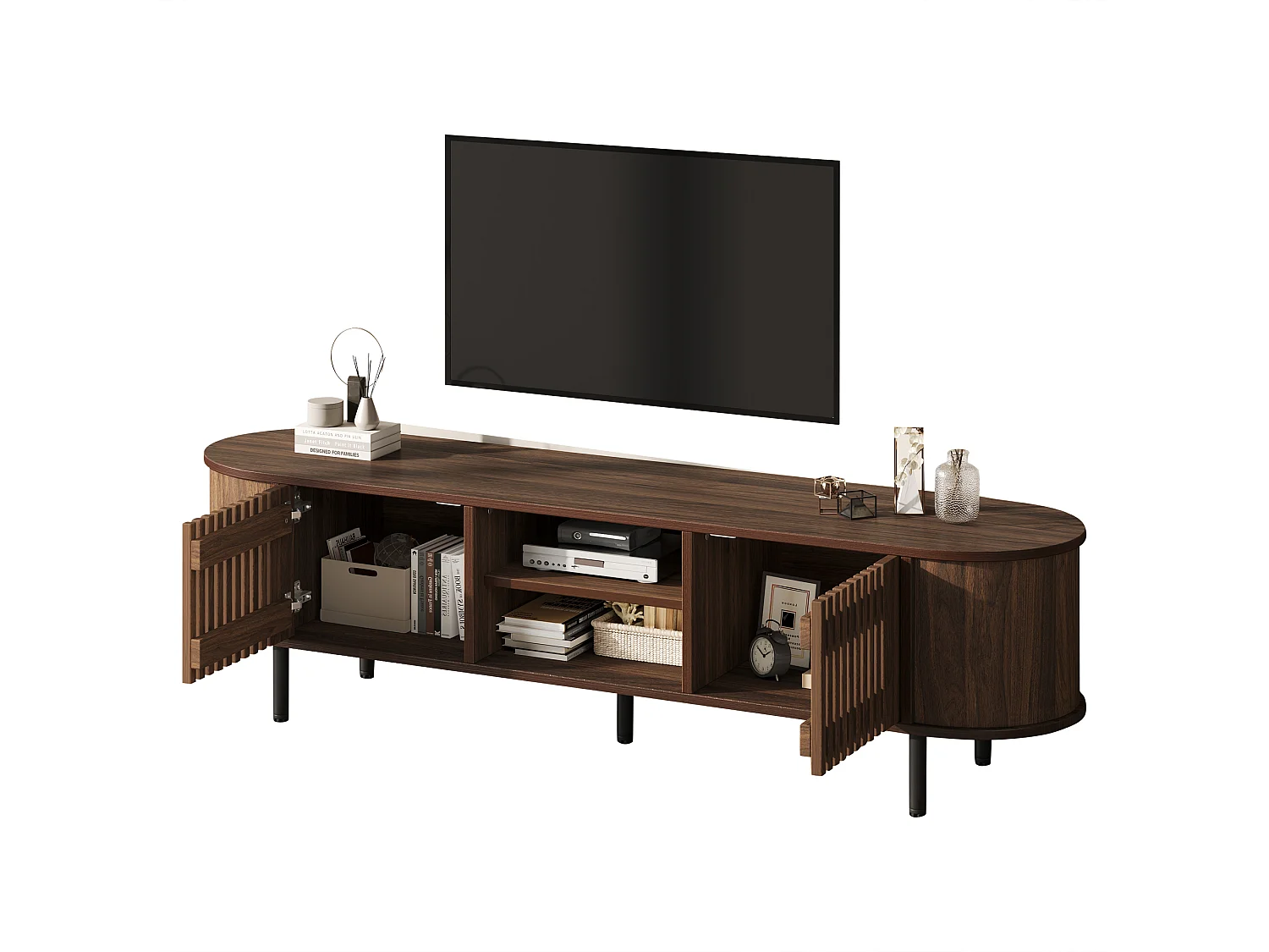 Meble TV 160x40x47 cm - z 2 drzwiami - Półotwarte przechowywanie - Wzór ażurowy - Nogi metalowe - MDF - Brązowy