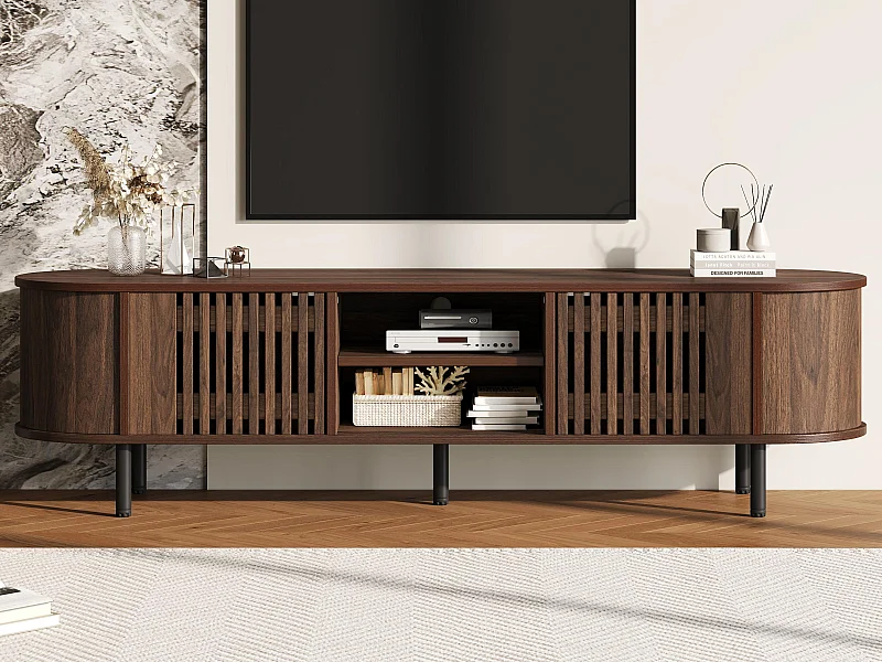 Meble TV 160x40x47 cm - z 2 drzwiami - Półotwarte przechowywanie - Wzór ażurowy - Nogi metalowe - MDF - Brązowy