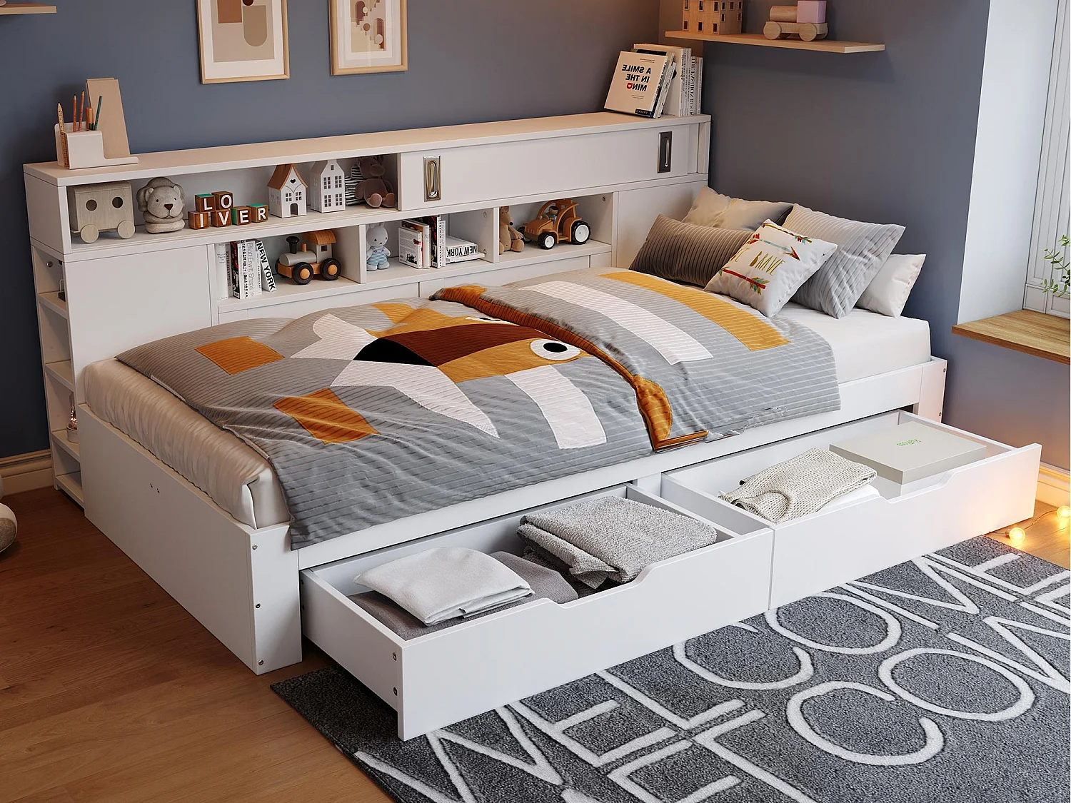 Lit enfant 90x190 cm - avec 2 tiroirs - Étagères latérales réglables - MDF - Blanc (sans matelas)