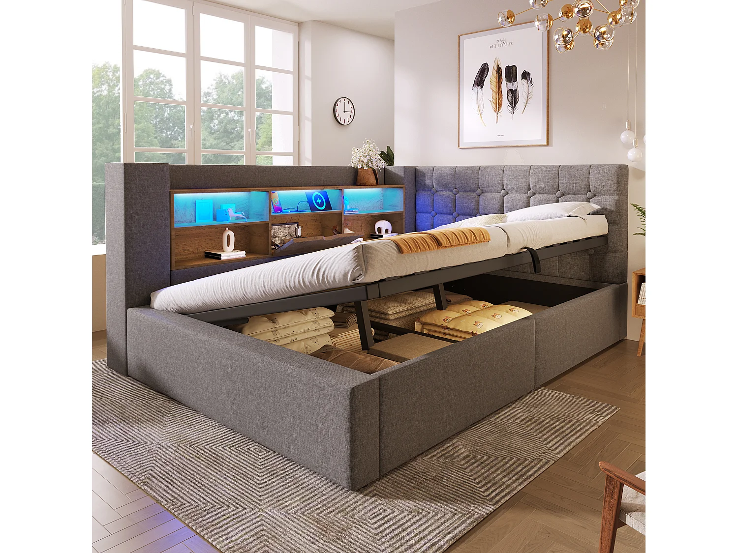 Canapé-lit coffre 140x200cm - avec LED et port de chargement - avec sommier à lattes - tissu de lin - gris (matelas non inclus)