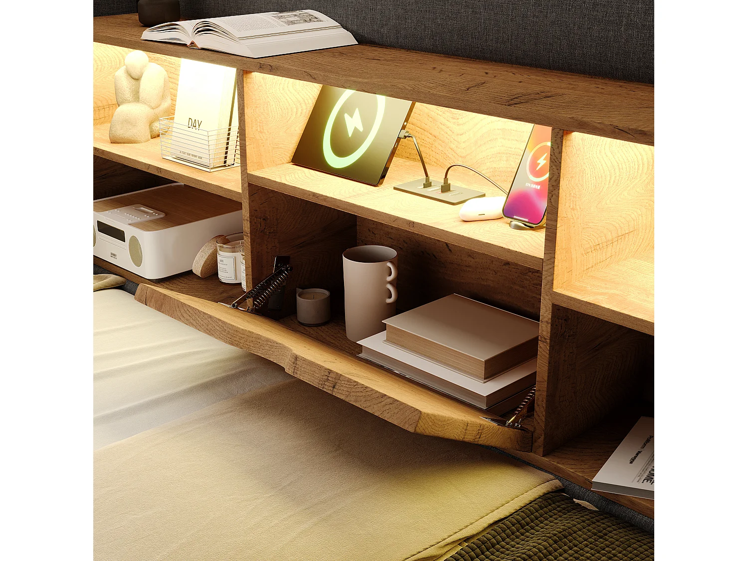 Canapé-lit coffre 140x200cm - avec LED et port de chargement - avec sommier à lattes - tissu de lin - gris (matelas non inclus)