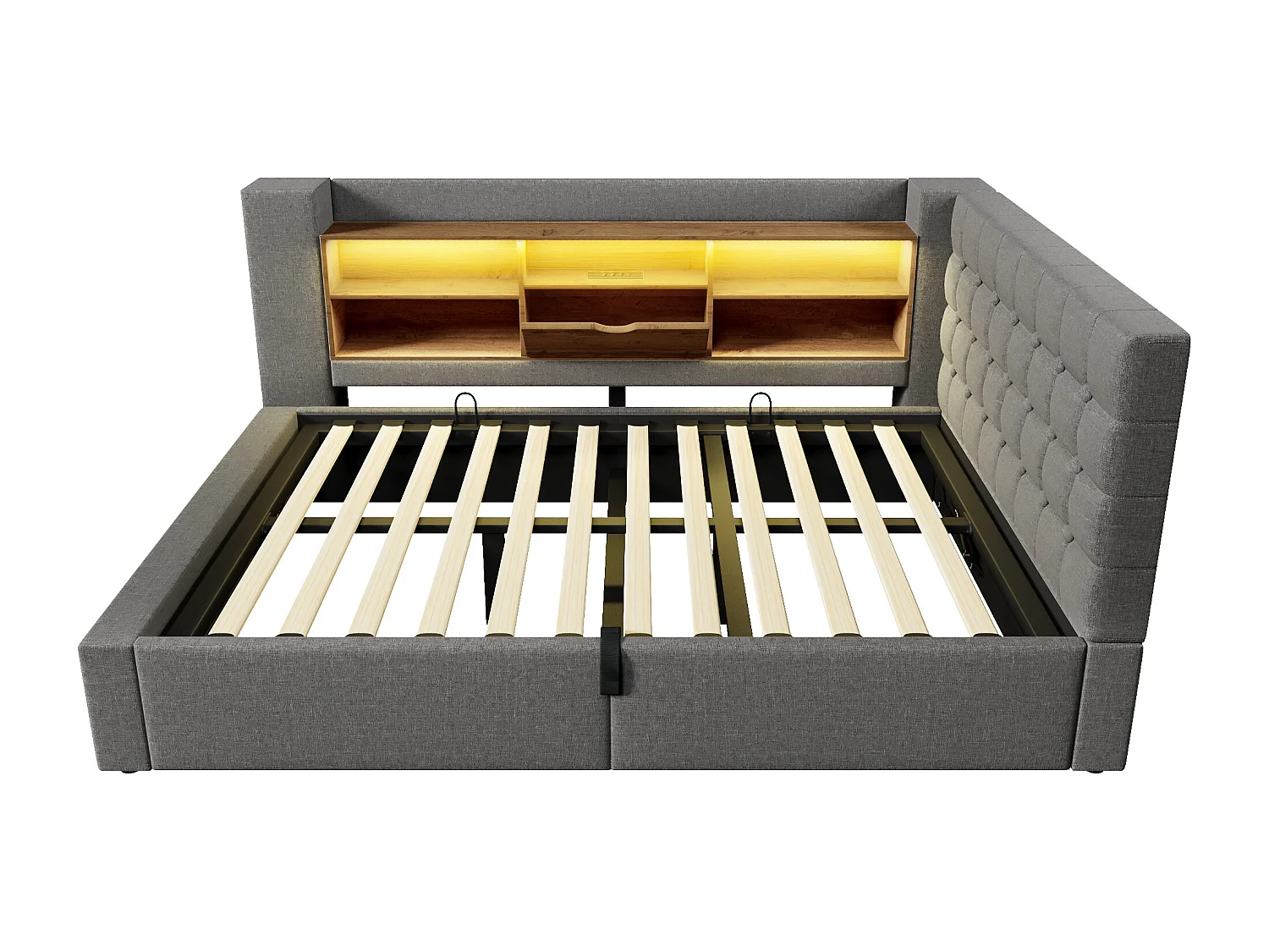 Canapé-lit coffre 140x200cm - avec LED et port de chargement - avec sommier à lattes - tissu de lin - gris (matelas non inclus)