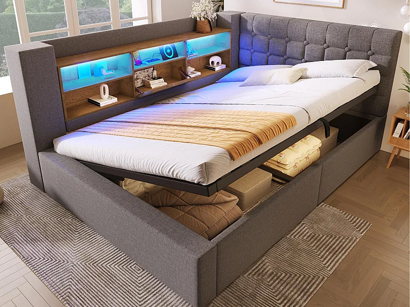 Slaapbank met opbergruimte 140x200cm - met LED en oplaadpoort - met lattenbodem - linnen stof - grijs​ (matras niet inbegrepen)