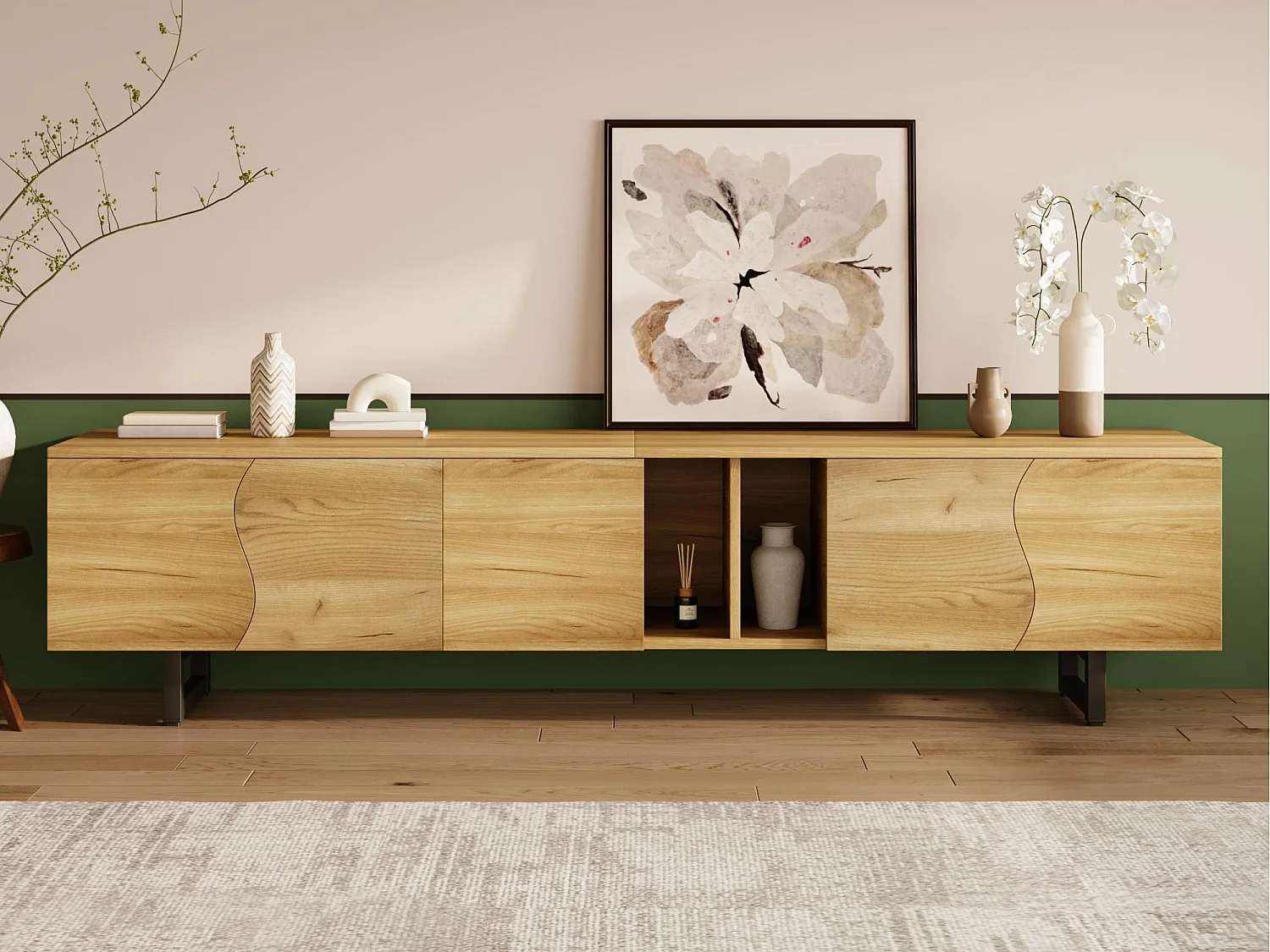 Meble TV 191x38x46,5 cm - z 5 drzwiami - Wykończenie drewnopodobne - MDF + płyta wiórowa - Kolor naturalny