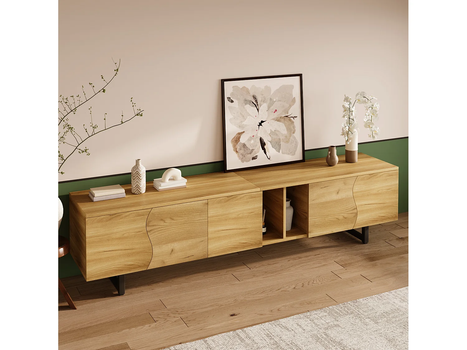 Meble TV 191x38x46,5 cm - z 5 drzwiami - Wykończenie drewnopodobne - MDF + płyta wiórowa - Kolor naturalny