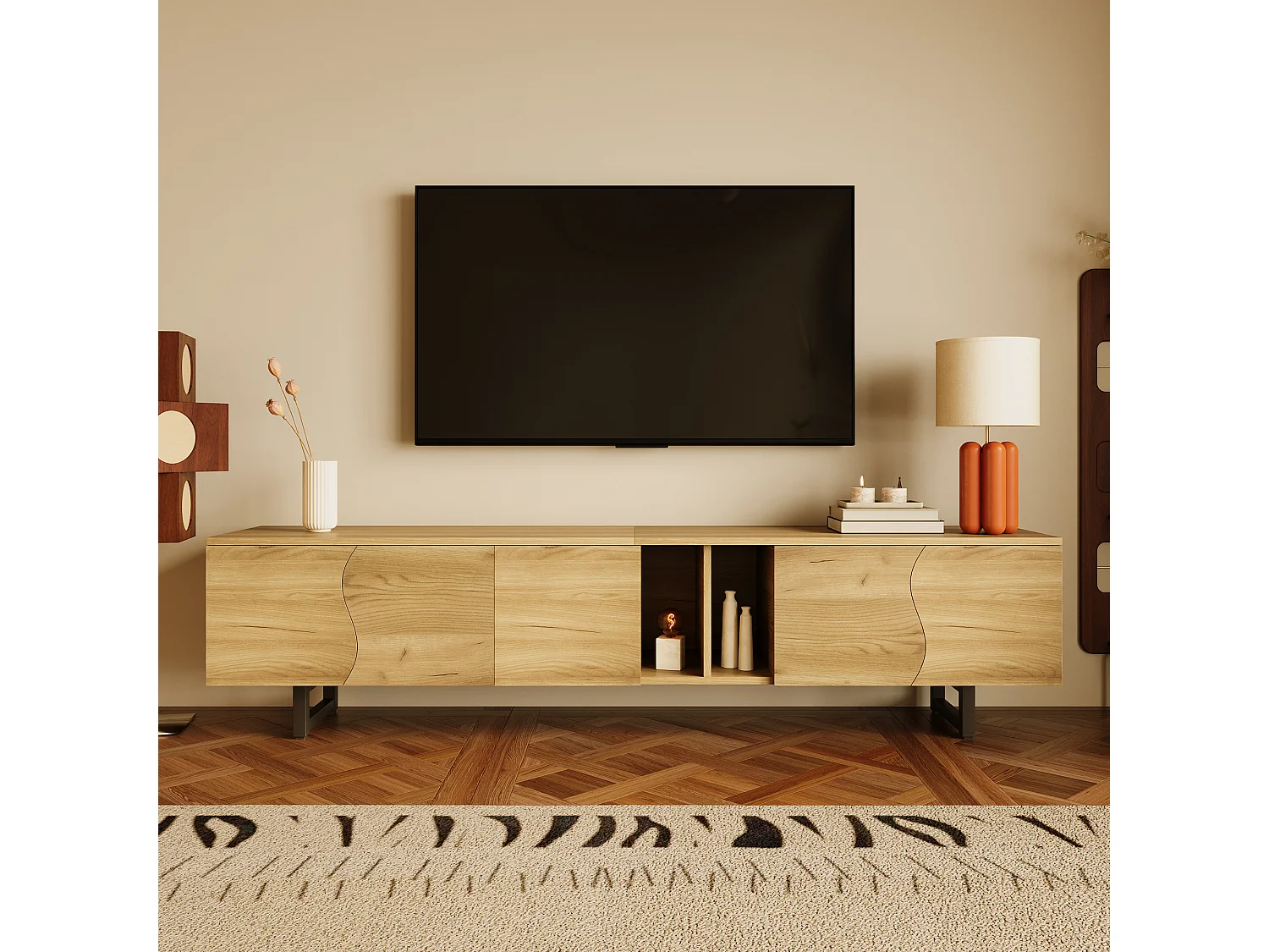 Meble TV 191x38x46,5 cm - z 5 drzwiami - Wykończenie drewnopodobne - MDF + płyta wiórowa - Kolor naturalny