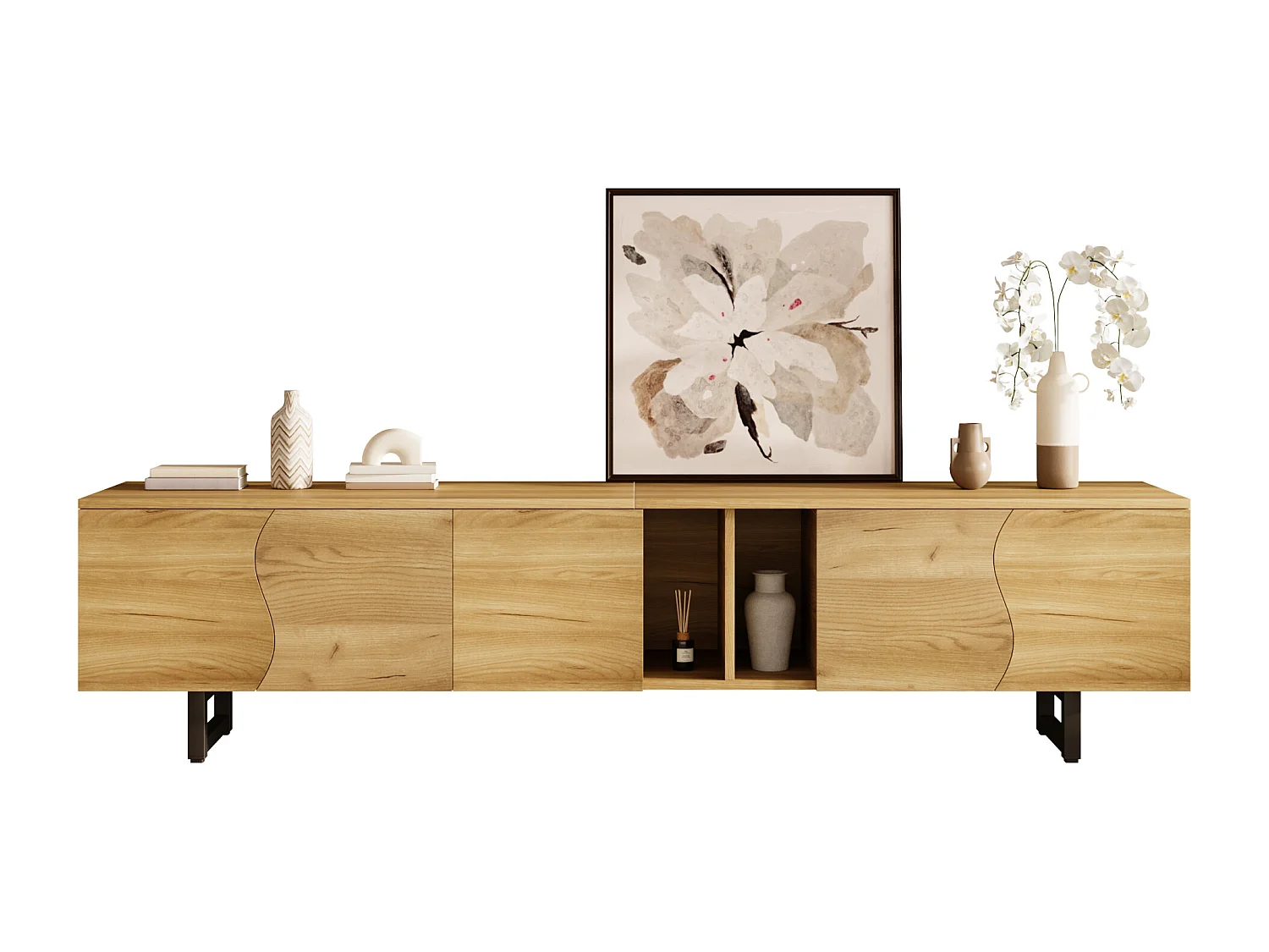 Meble TV 191x38x46,5 cm - z 5 drzwiami - Wykończenie drewnopodobne - MDF + płyta wiórowa - Kolor naturalny