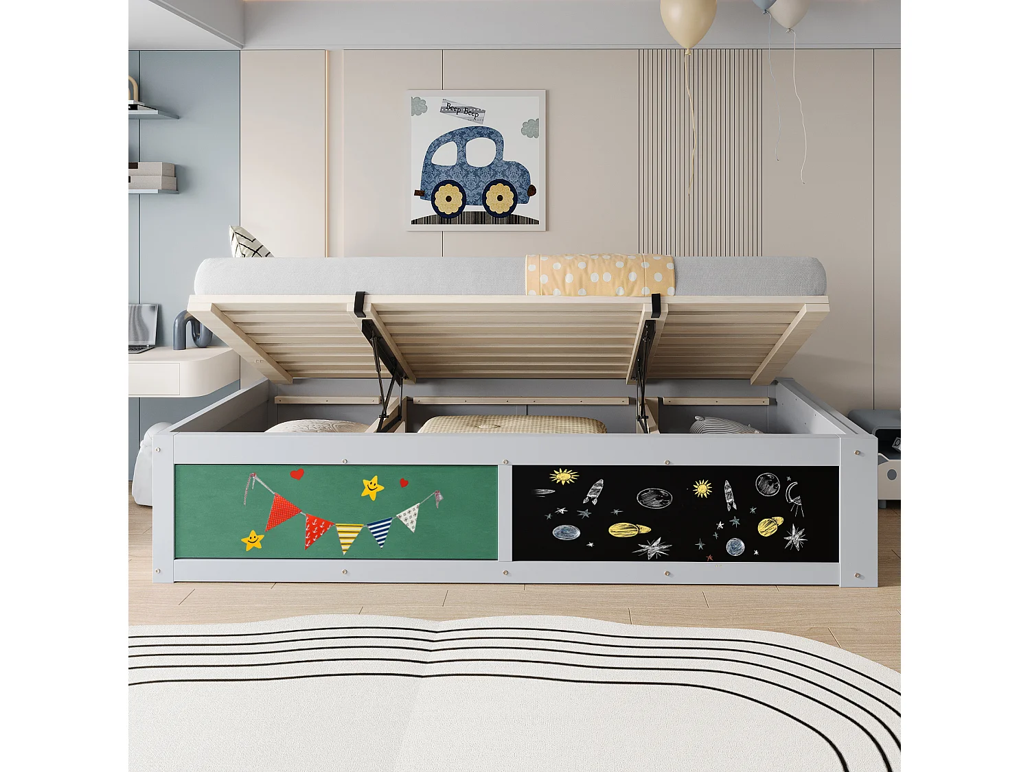 Kinderbett mit Stauraum 90x200 cm - mit einer Zeichentafel - Massivholz + MDF - Grau​ (Matratze nicht inbegriffen)