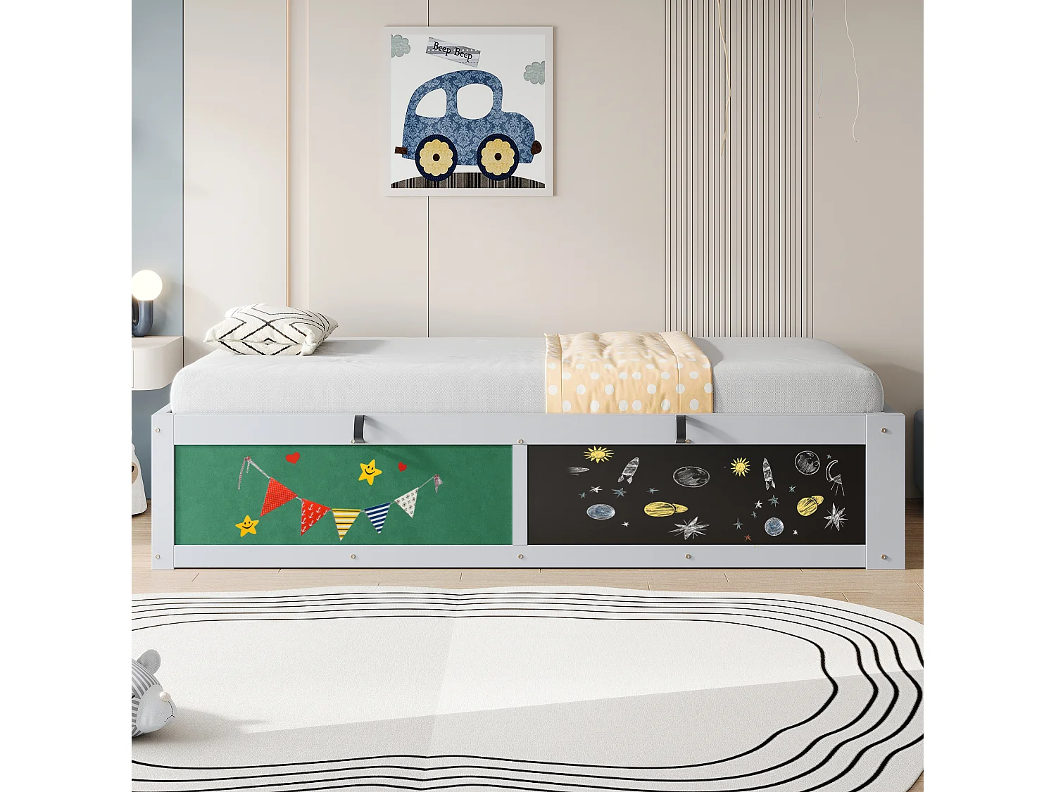 Kinderbett mit Stauraum 90x200 cm - mit einer Zeichentafel - Massivholz + MDF - Grau​ (Matratze nicht inbegriffen)