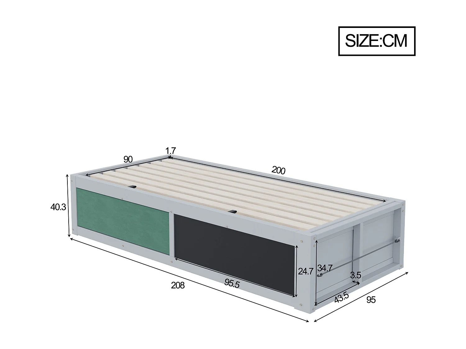 Kinderbett mit Stauraum 90x200 cm - mit einer Zeichentafel - Massivholz + MDF - Grau​ (Matratze nicht inbegriffen)