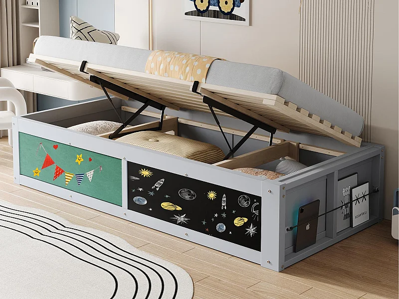 Letto con contenitore per bambini 90x200 cm - con una lavagna da disegno - Legno massello + MDF - Grigio​ (materasso non incluso)