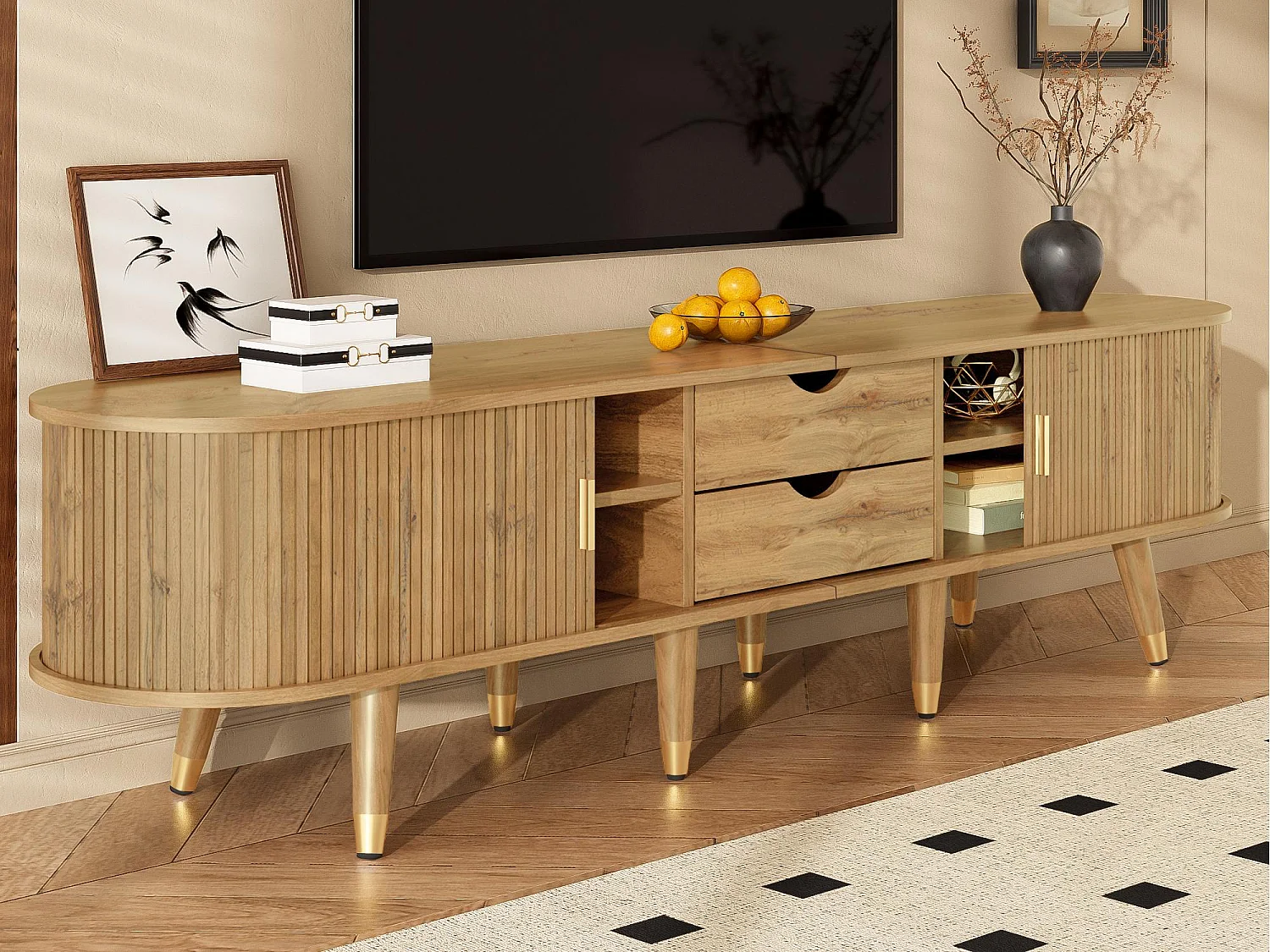 Meble TV w stylu wiejskim 175x38x45 cm - z 2 drzwiami przesuwnymi i 2 szufladami - Wykończenie drewnopodobne - MDF - Kolor naturalny