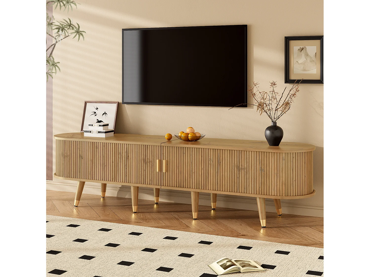 Meble TV w stylu wiejskim 175x38x45 cm - z 2 drzwiami przesuwnymi i 2 szufladami - Wykończenie drewnopodobne - MDF - Kolor naturalny