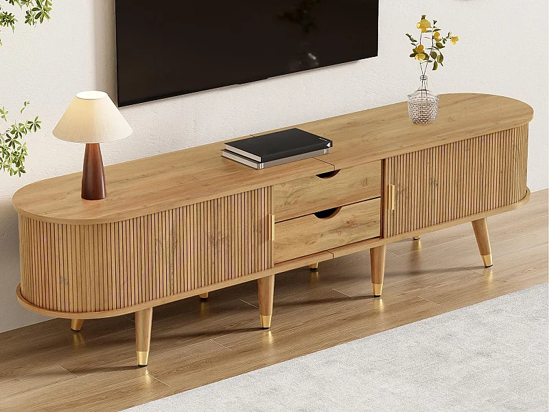 Meble TV w stylu wiejskim 175x38x45 cm - z 2 drzwiami przesuwnymi i 2 szufladami - Wykończenie drewnopodobne - MDF - Kolor naturalny