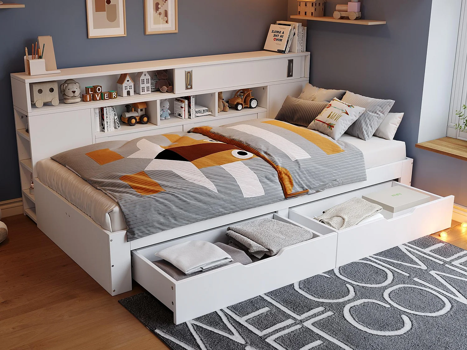 Lit enfant 140x190 cm - avec 2 tiroirs - Étagères latérales réglables - MDF - Blanc (sans matelas)