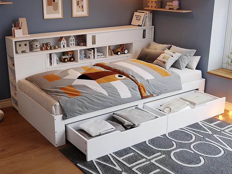 Lit enfant 140x190 cm - avec 2 tiroirs - Étagères latérales réglables - MDF - Blanc (sans matelas)