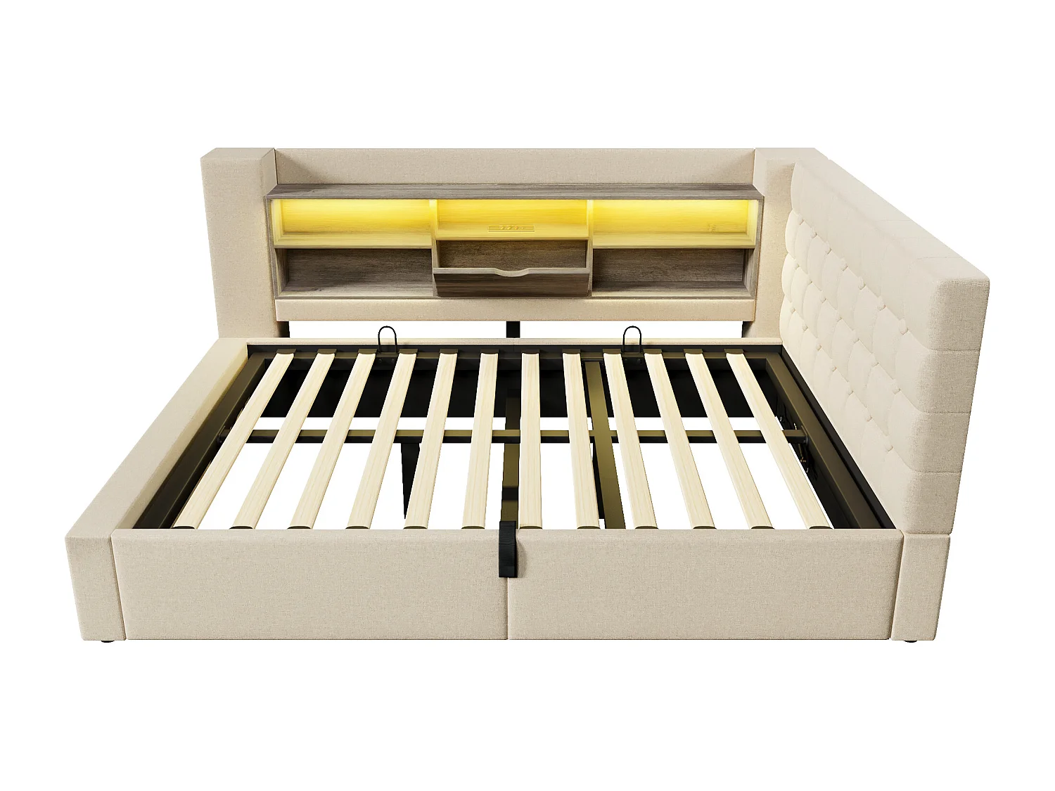 Canapé-lit coffre 140x200cm - avec LED et port de chargement - avec sommier à lattes - tissu de lin - beige (matelas non inclus)