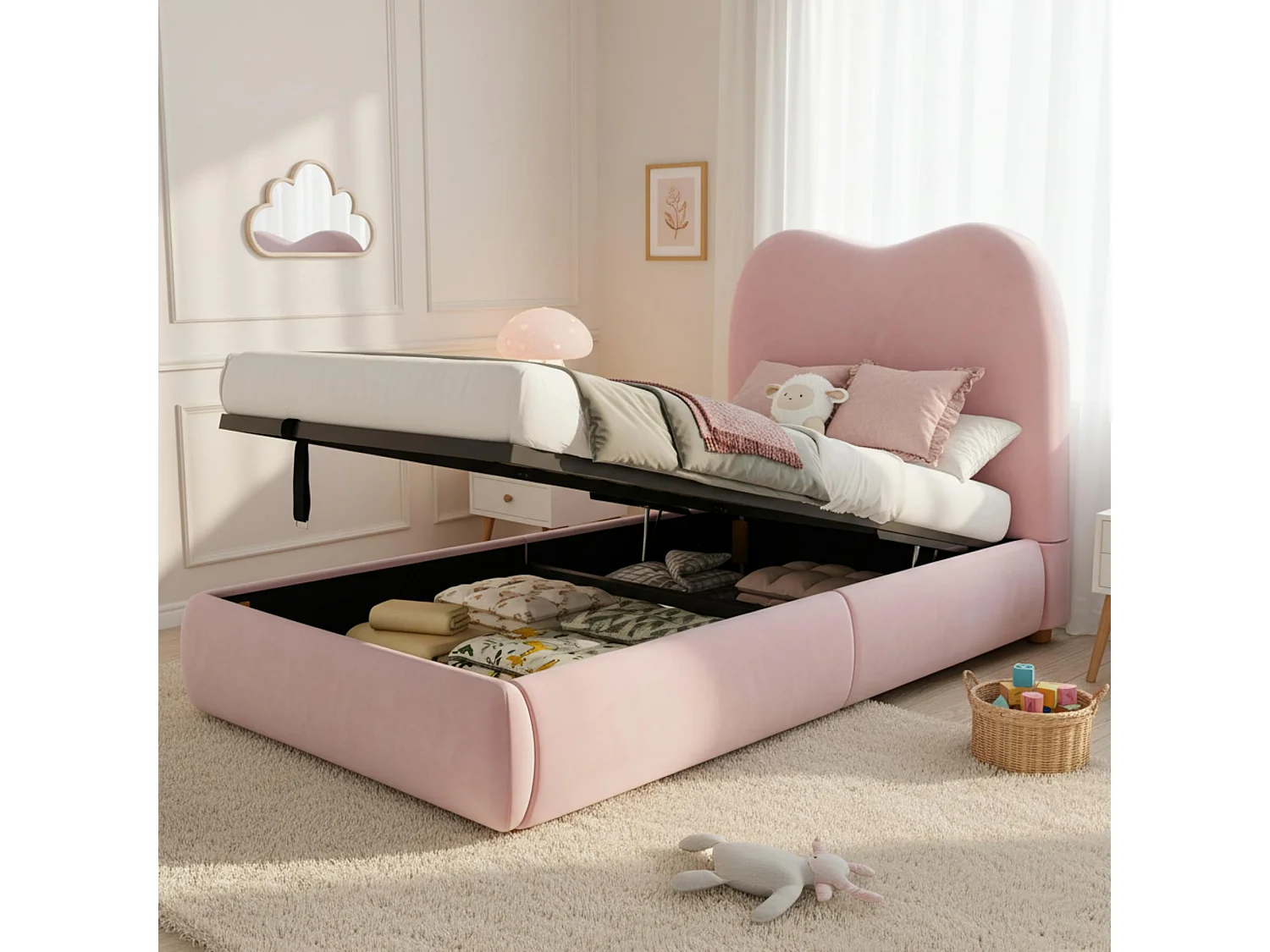 Kinderbed met opbergruimte 90x200 cm - met gestoffeerd hoofdeinde - Fluweel bekleding - Roze (matras niet inbegrepen)