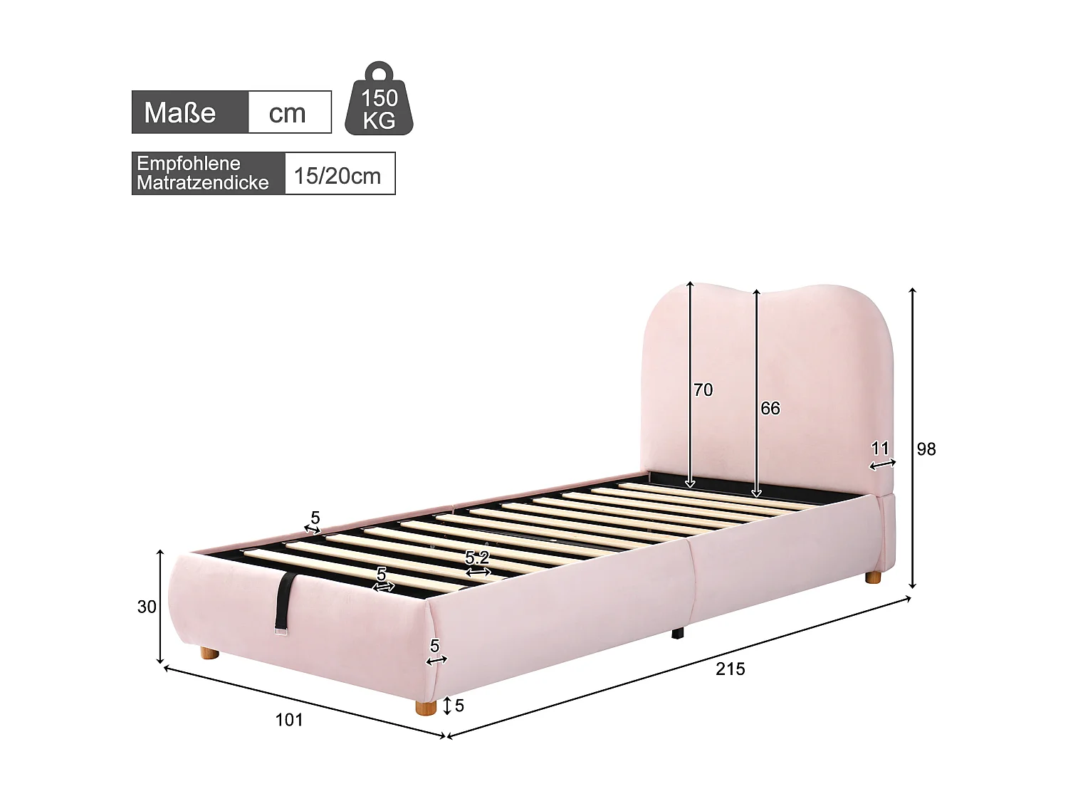 Kinderbed met opbergruimte 90x200 cm - met gestoffeerd hoofdeinde - Fluweel bekleding - Roze (matras niet inbegrepen)