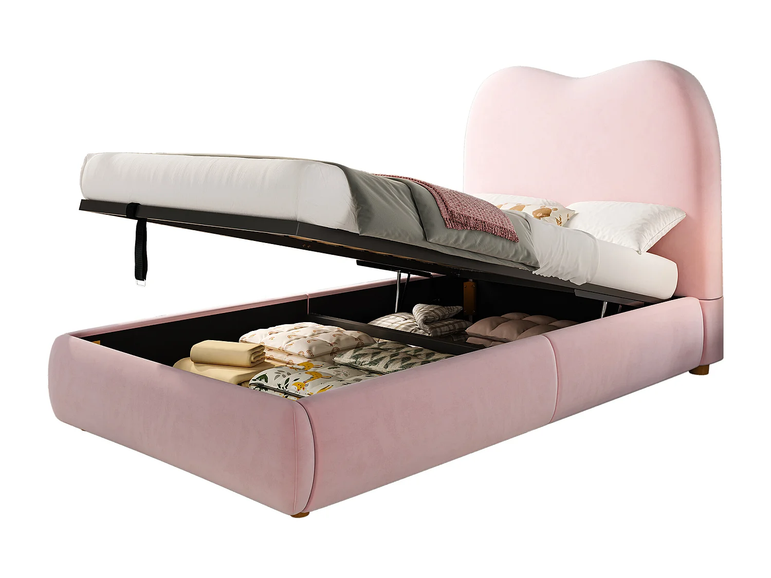 Kinderbed met opbergruimte 90x200 cm - met gestoffeerd hoofdeinde - Fluweel bekleding - Roze (matras niet inbegrepen)