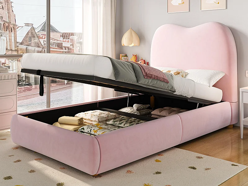Lit enfant coffre 90x200 cm - avec tête de lit capitonnée - Revêtement en velours - Rose (matelas non inclus)