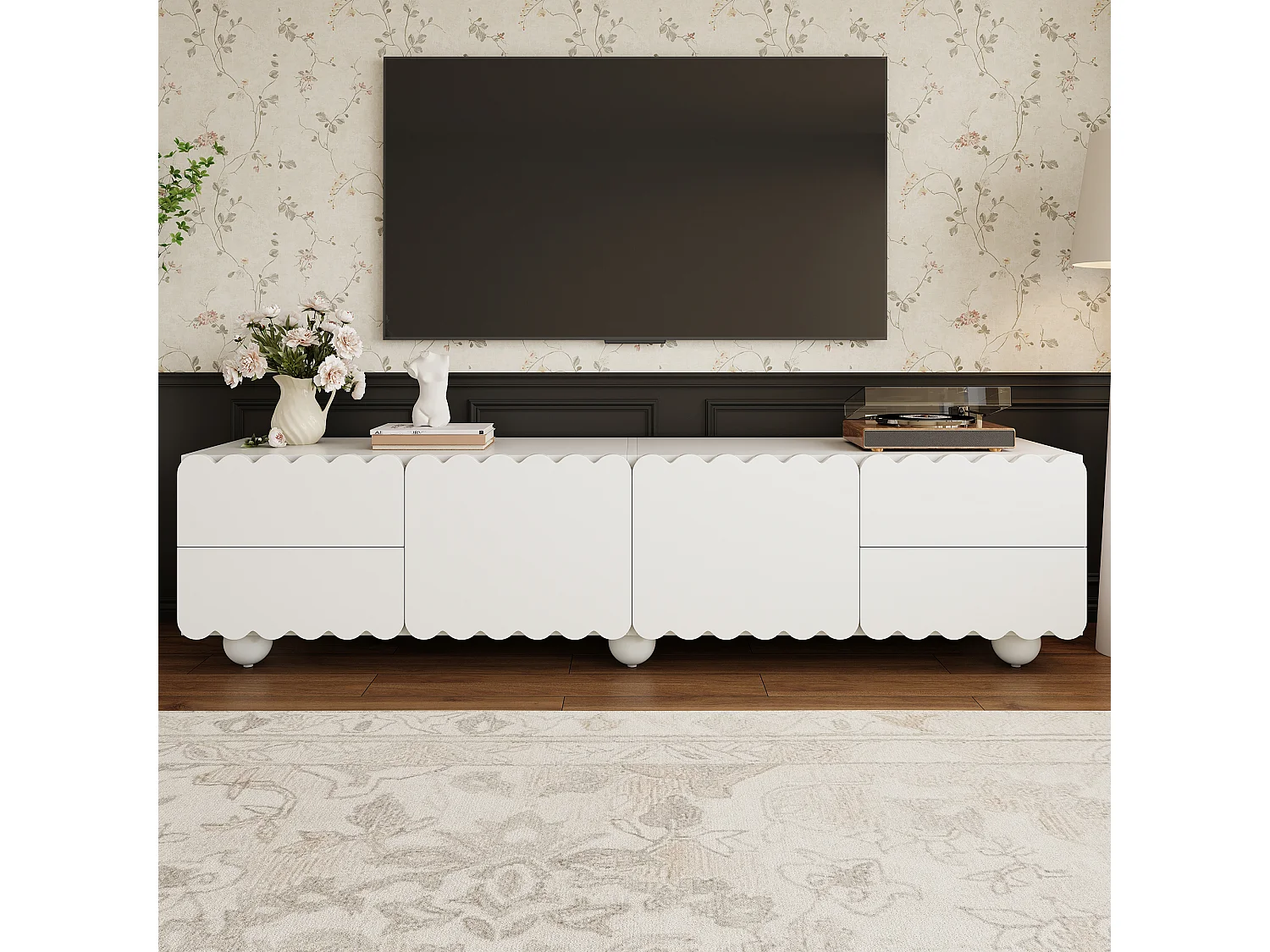 Nowoczesne meble TV 175x38x37 cm - 2 drzwi i 4 szuflady - MDF + płyta wiórowa - Biały
