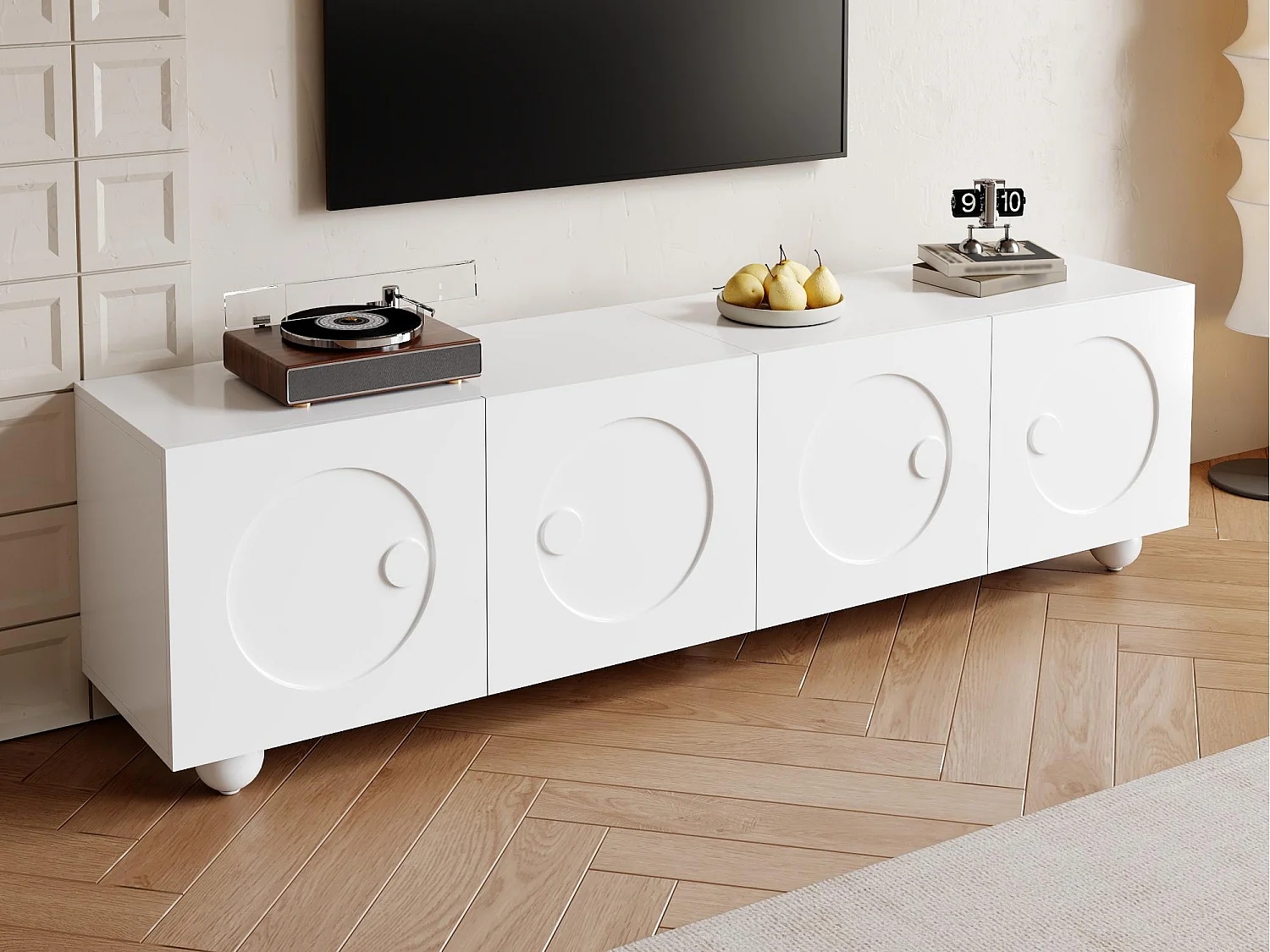 Nowoczesne meble TV 180,5x38x50cm - 4 drzwi - Kuliste nogi - MDF + płyta wiórowa - Biały