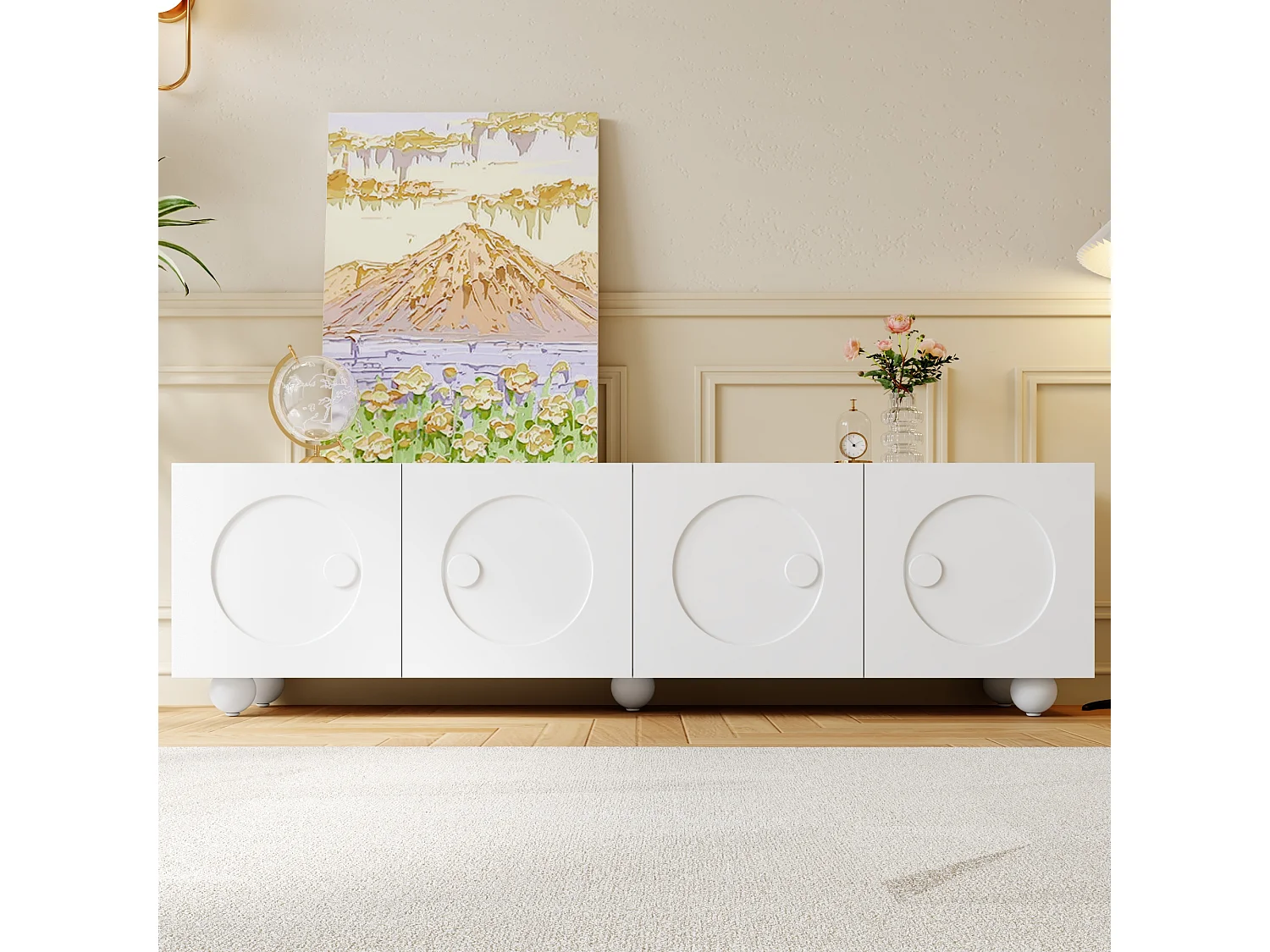 Nowoczesne meble TV 180,5x38x50cm - 4 drzwi - Kuliste nogi - MDF + płyta wiórowa - Biały