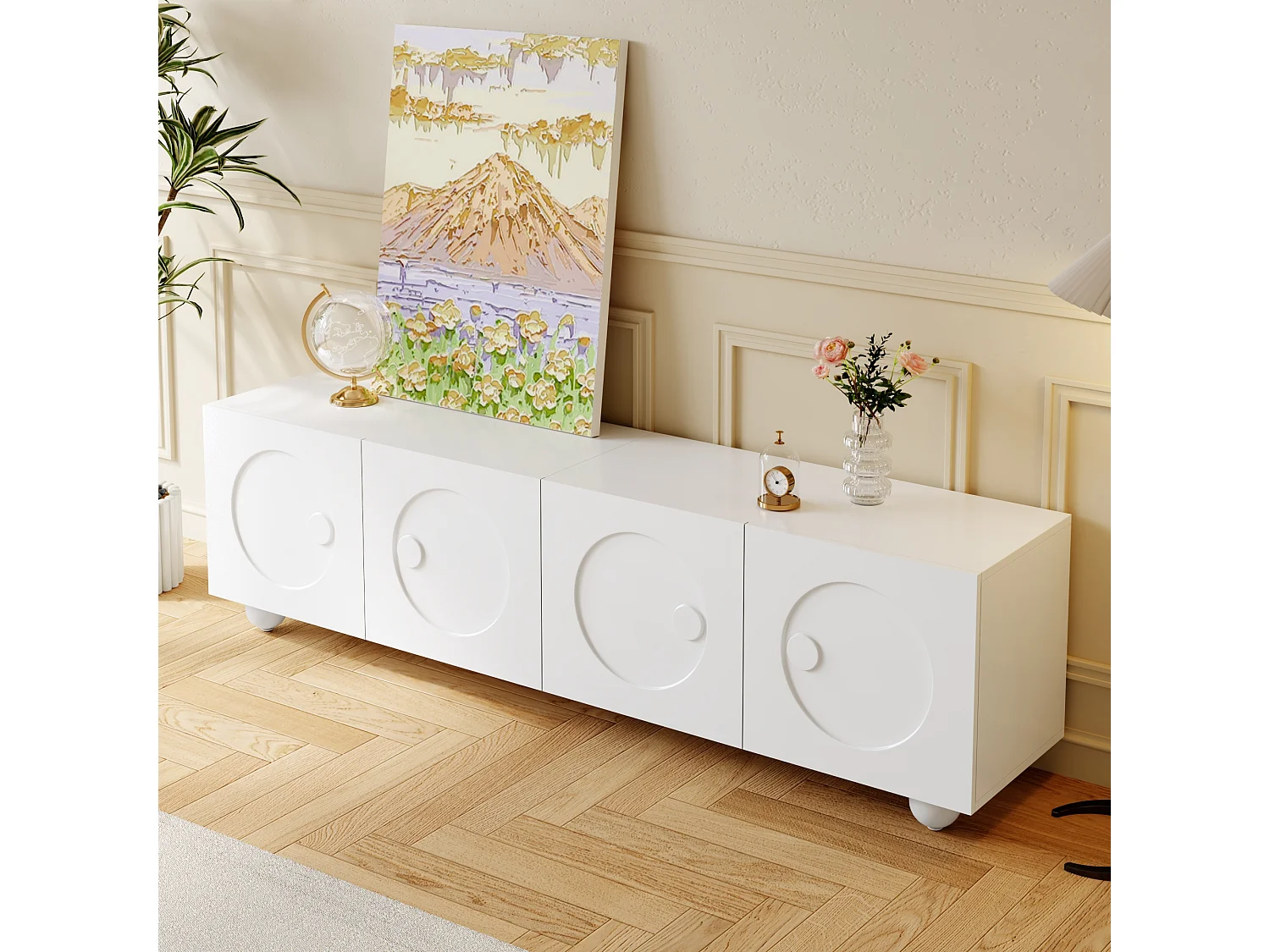 Nowoczesne meble TV 180,5x38x50cm - 4 drzwi - Kuliste nogi - MDF + płyta wiórowa - Biały