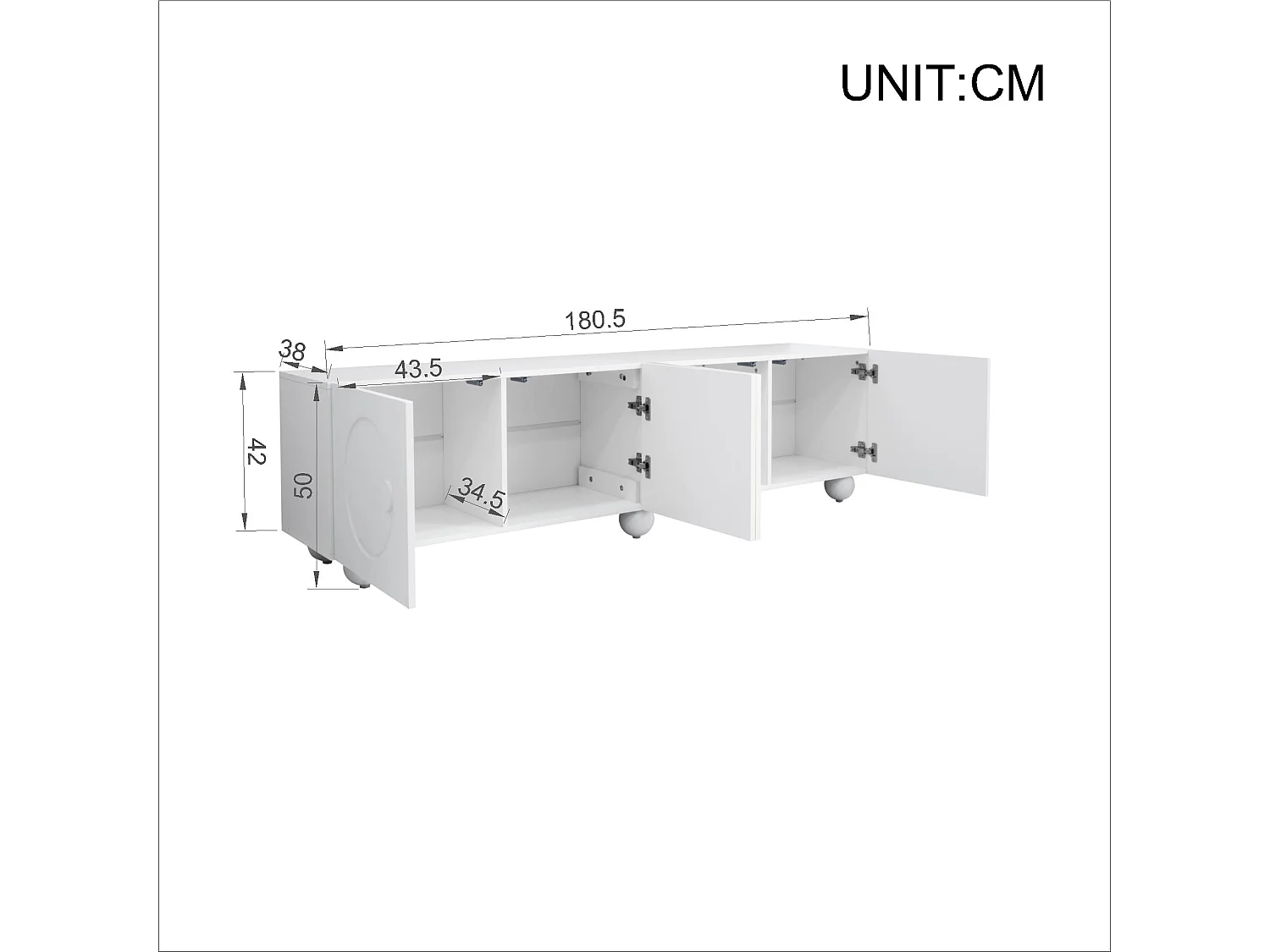 Nowoczesne meble TV 180,5x38x50cm - 4 drzwi - Kuliste nogi - MDF + płyta wiórowa - Biały