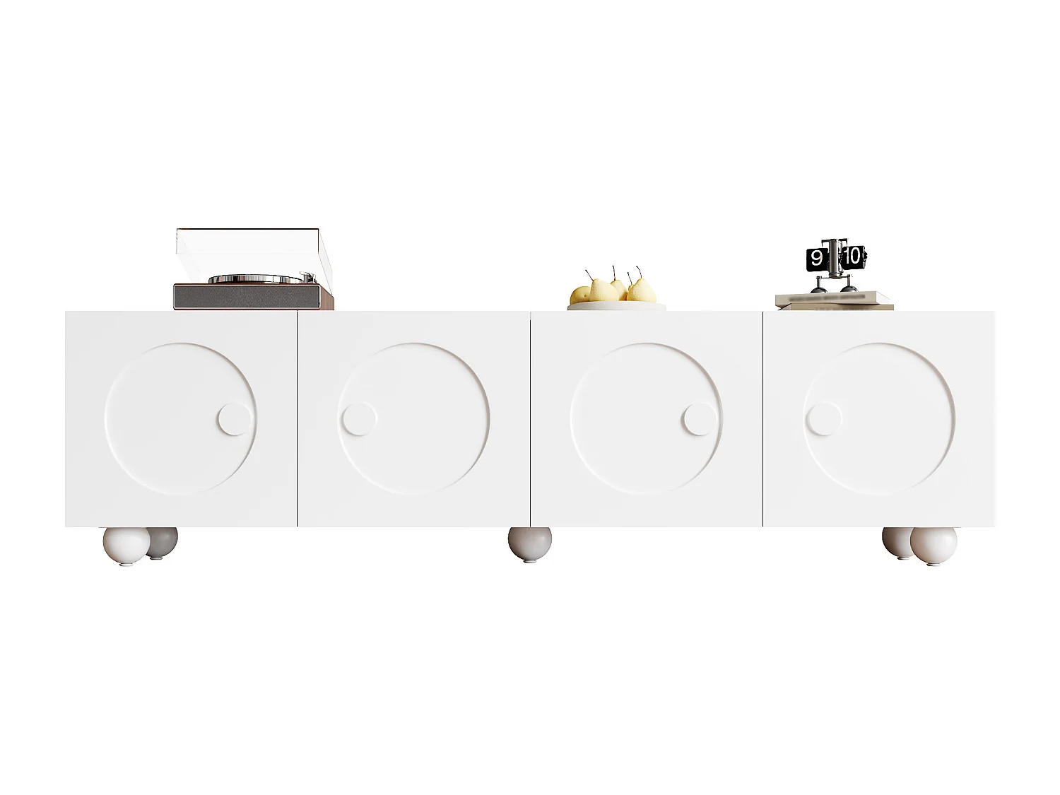 Nowoczesne meble TV 180,5x38x50cm - 4 drzwi - Kuliste nogi - MDF + płyta wiórowa - Biały