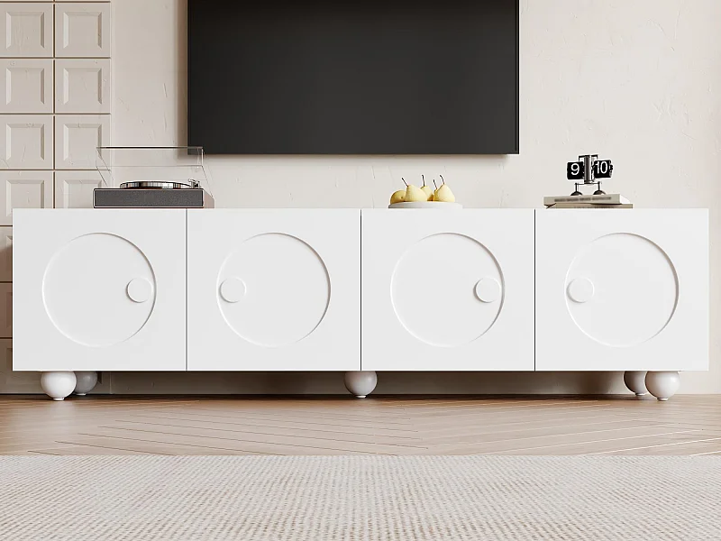 Nowoczesne meble TV 180,5x38x50cm - 4 drzwi - Kuliste nogi - MDF + płyta wiórowa - Biały