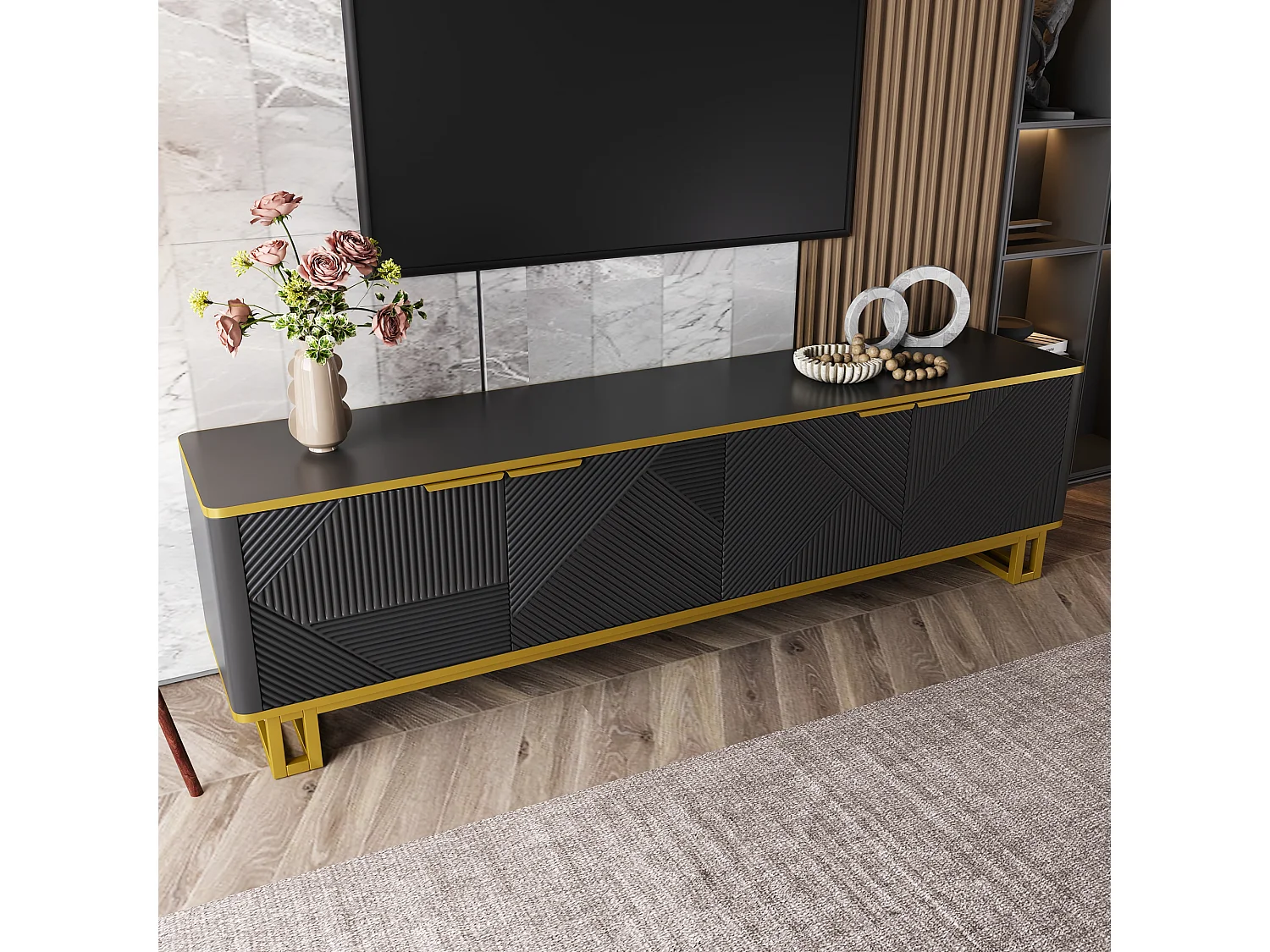 Moderner TV-Schrank 160x37,5x48 cm - mit 4 Türen - Geometrische Textur - MDF - Schwarz + Gold