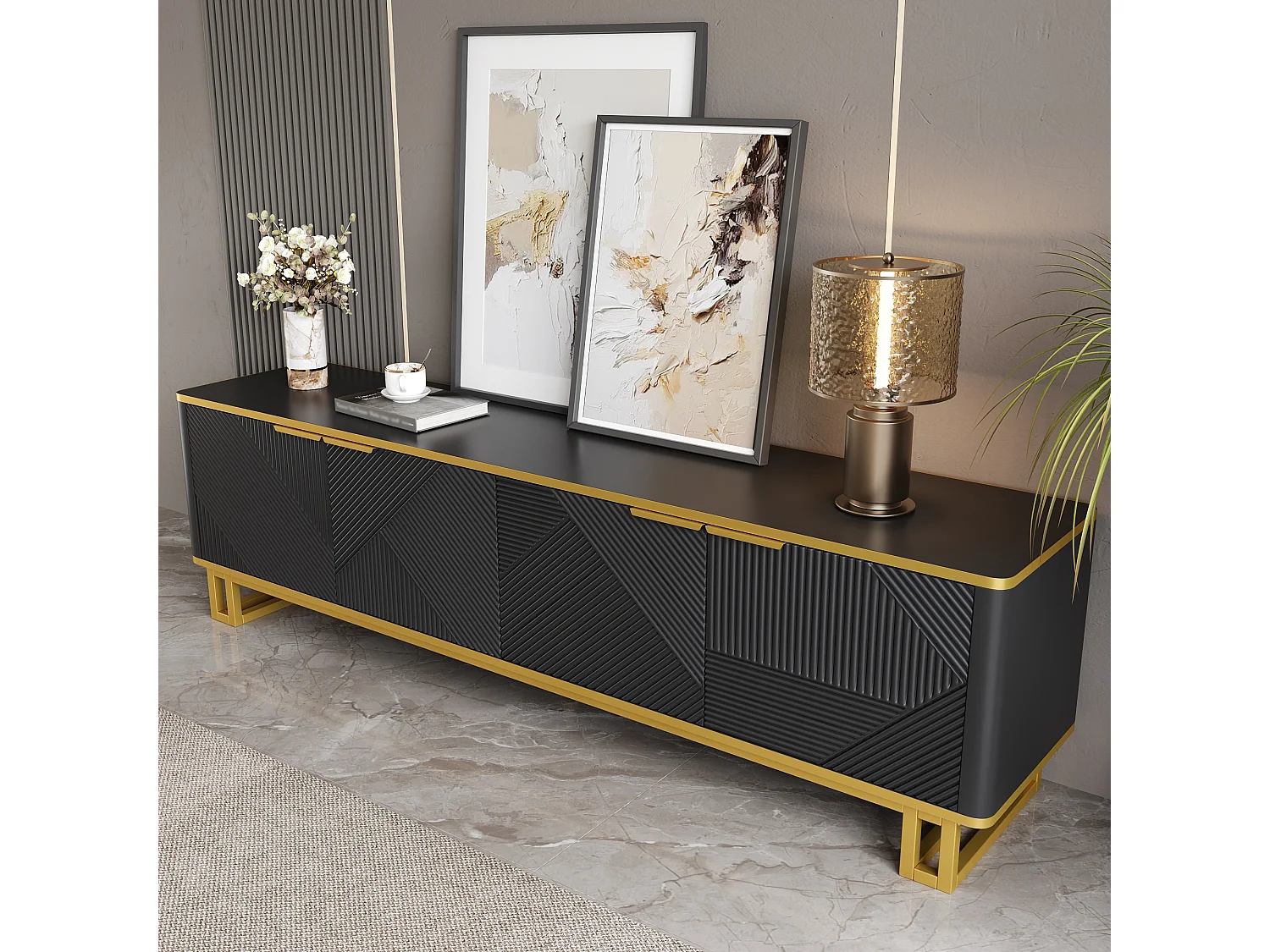 Moderner TV-Schrank 160x37,5x48 cm - mit 4 Türen - Geometrische Textur - MDF - Schwarz + Gold