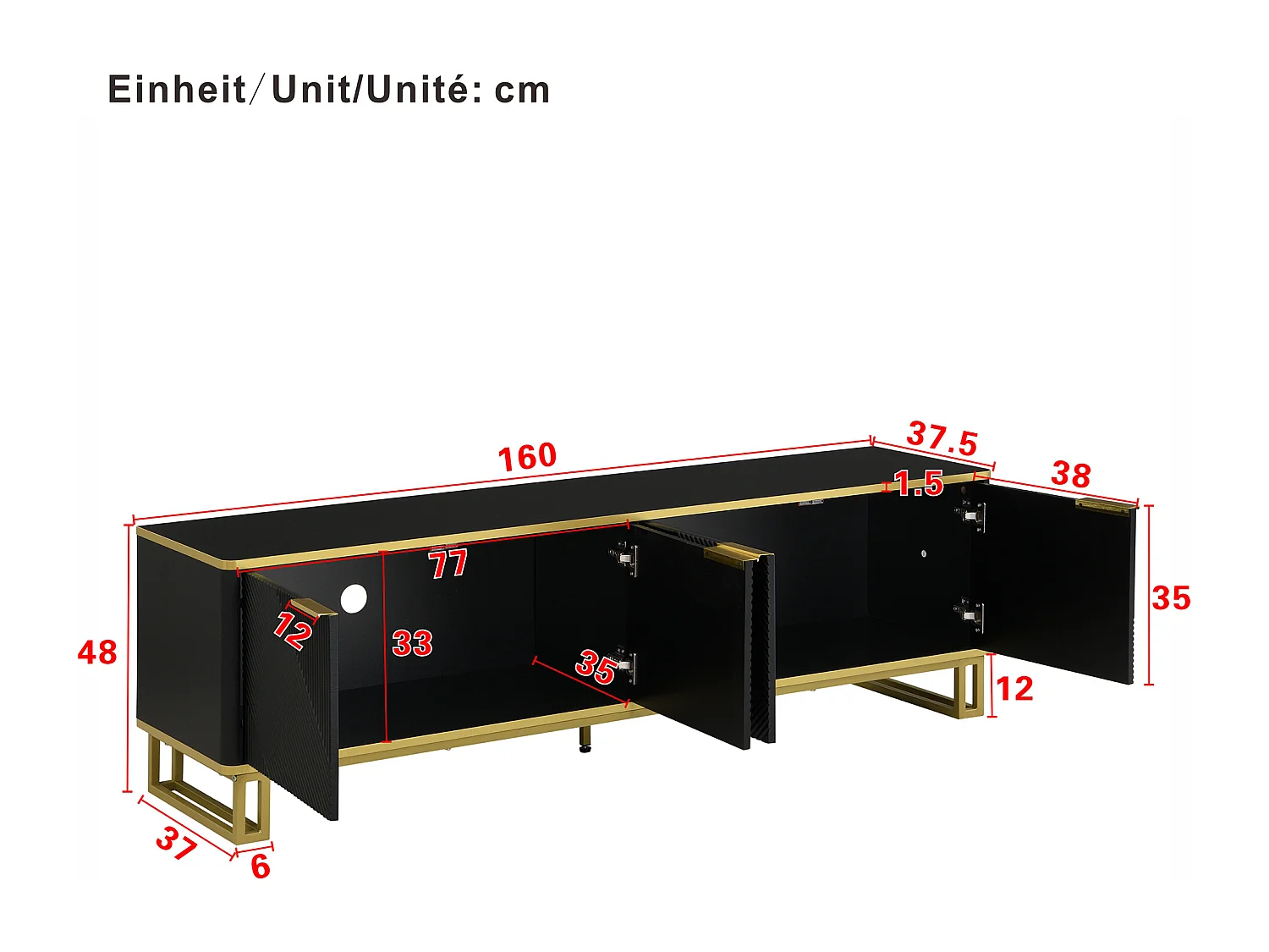 Moderner TV-Schrank 160x37,5x48 cm - mit 4 Türen - Geometrische Textur - MDF - Schwarz + Gold
