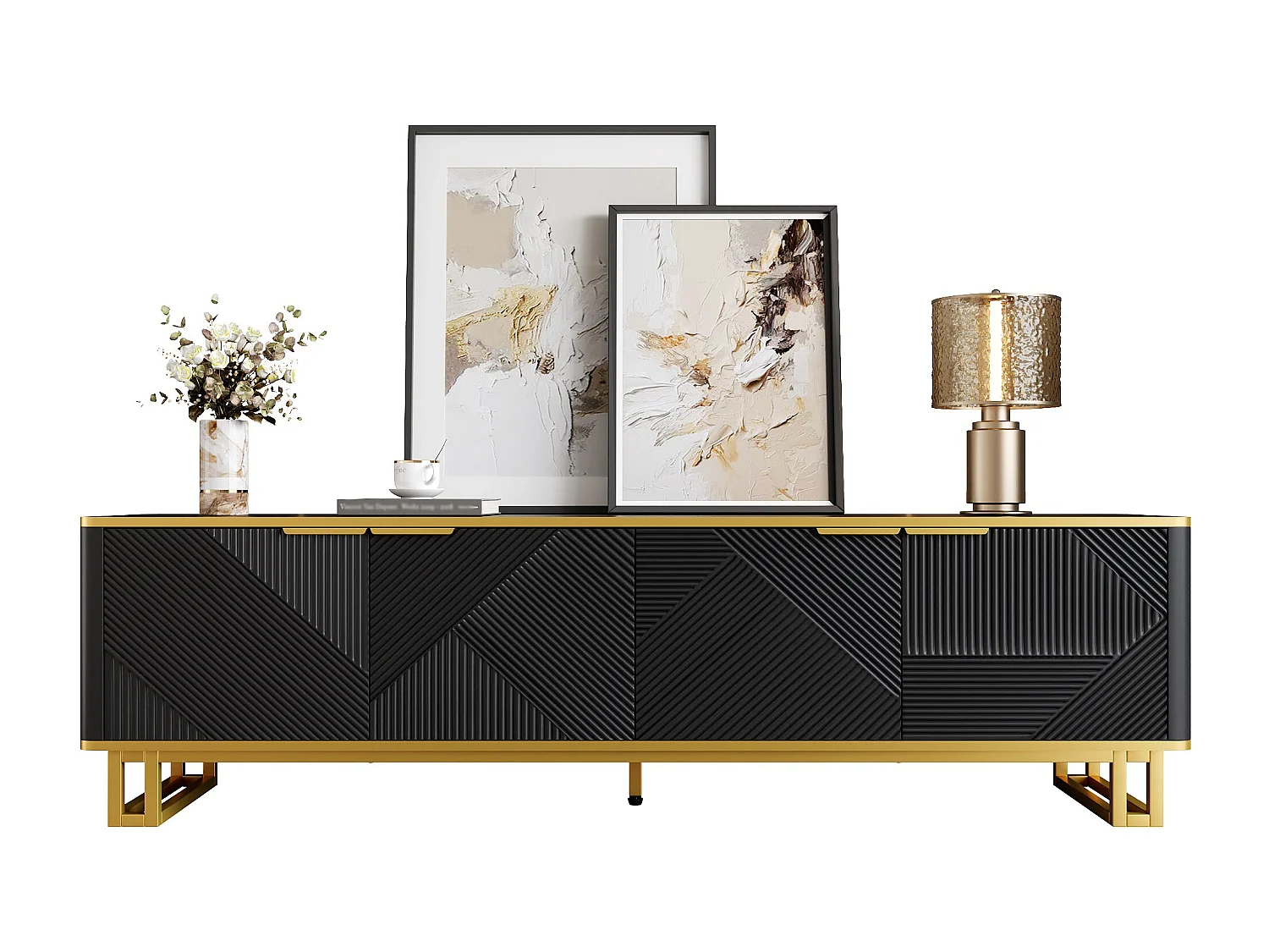 Moderner TV-Schrank 160x37,5x48 cm - mit 4 Türen - Geometrische Textur - MDF - Schwarz + Gold